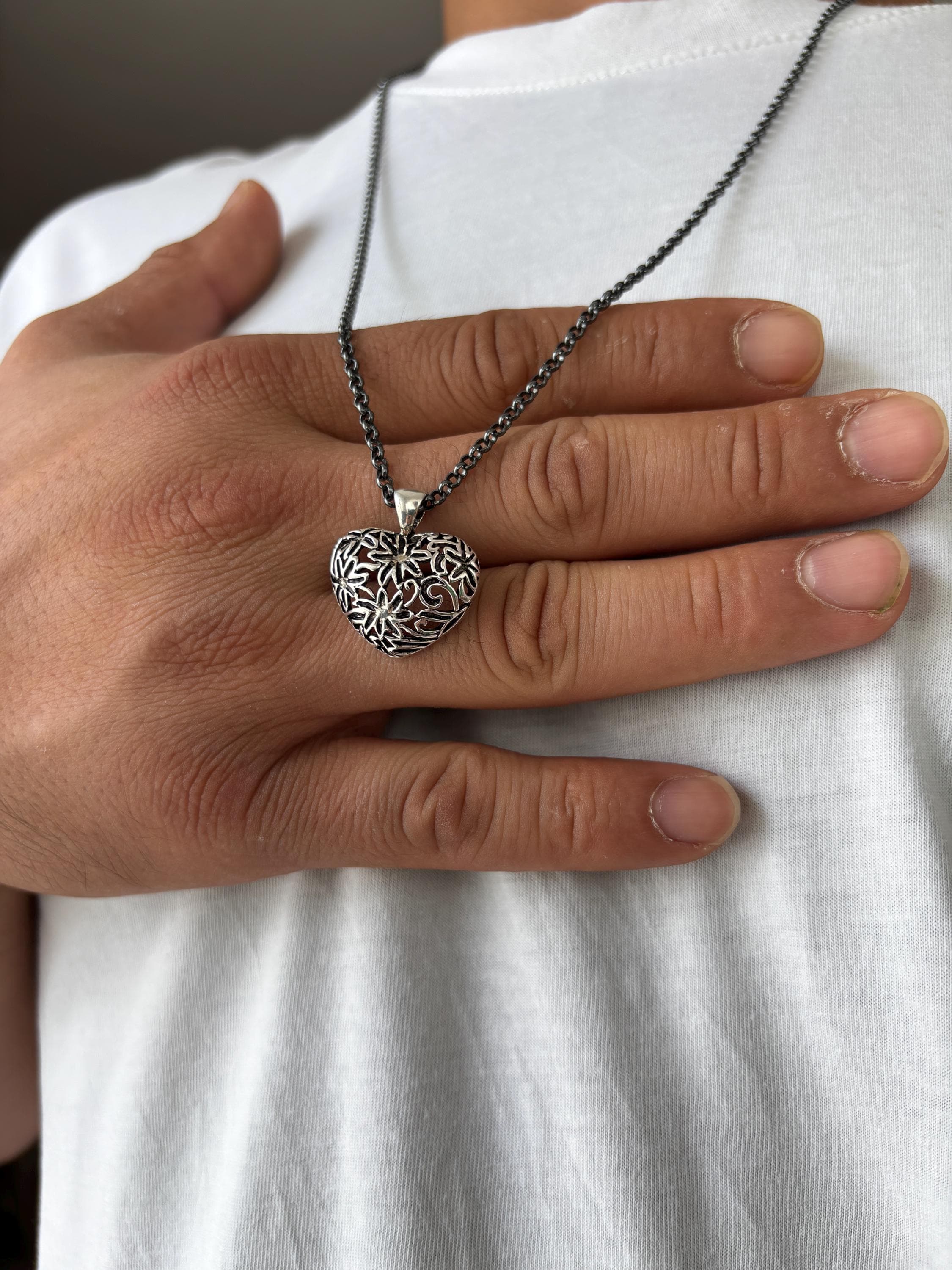 Sterling Silver Floral Heart Necklace, Personalized Filigree Flower Pendant, Oxidized Romantic Jewelry - image 4