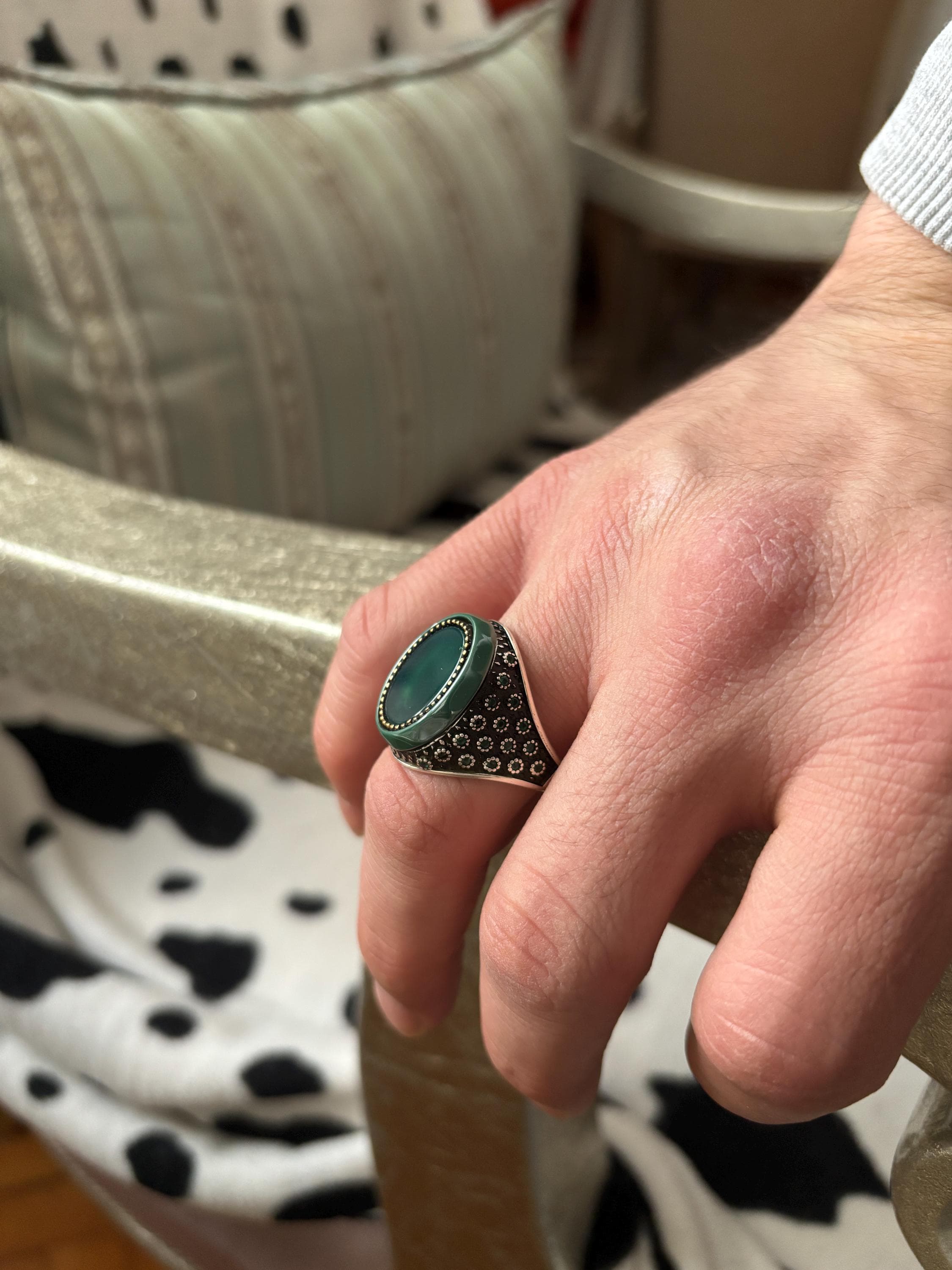 Sterling Silver Green Agate Ring, Vintage Signet Rings, Oval Stone Statement Ring, Handmade Bold Men’s Jewelry - image 5