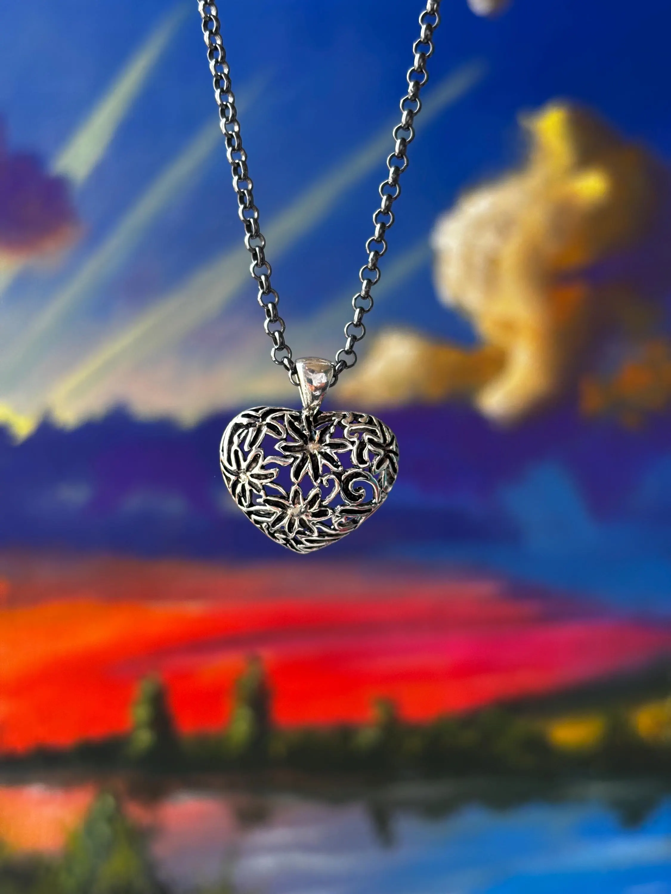 Sterling Silver Floral Heart Necklace, Personalized Filigree Flower Pendant, Oxidized Romantic Jewelry - image 3