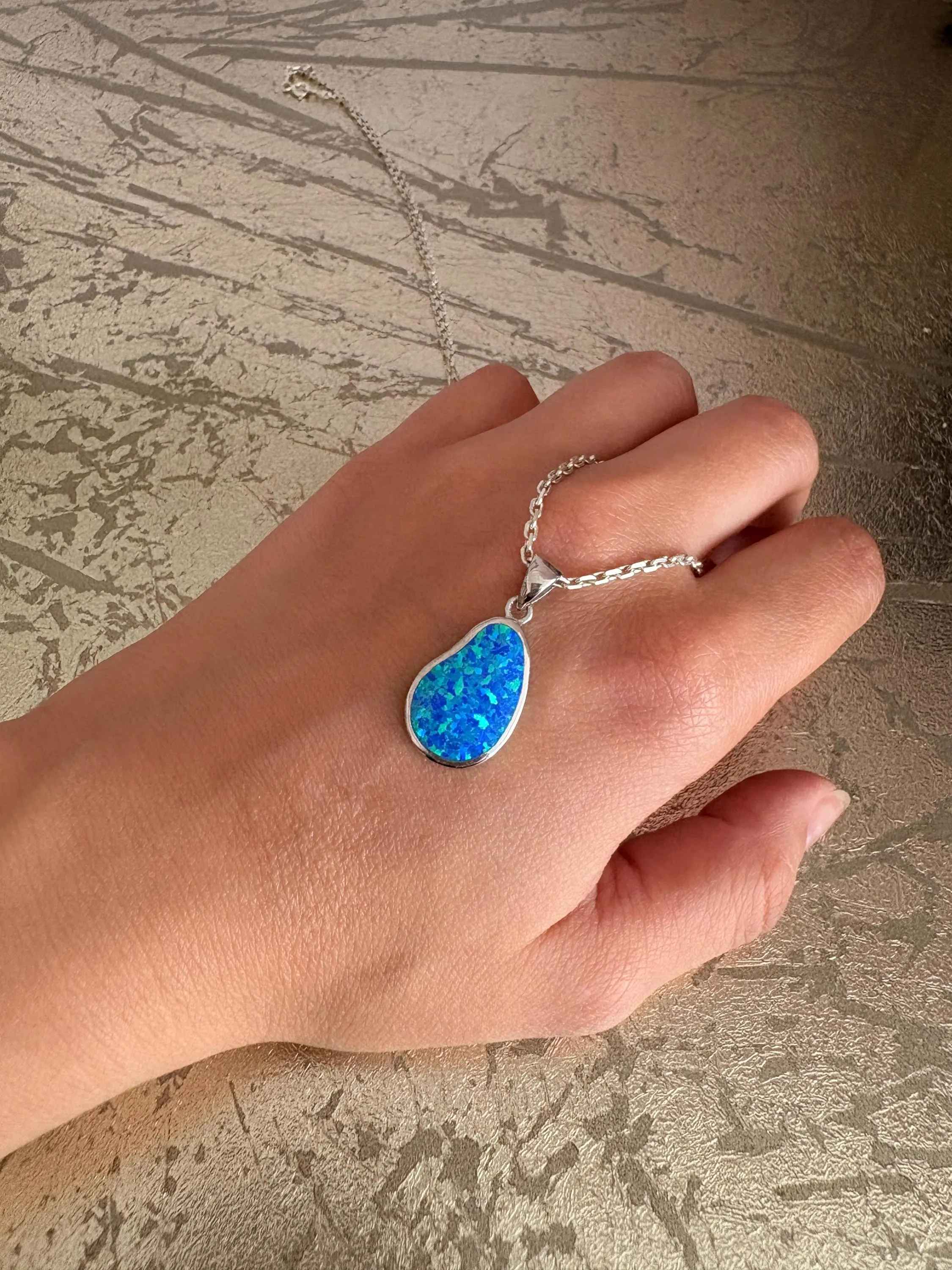 Sterling Silver Blue Opal Necklace, Organic Shape Opal Pendant, Personalized Iridescent Gemstone Jewelry - image 4