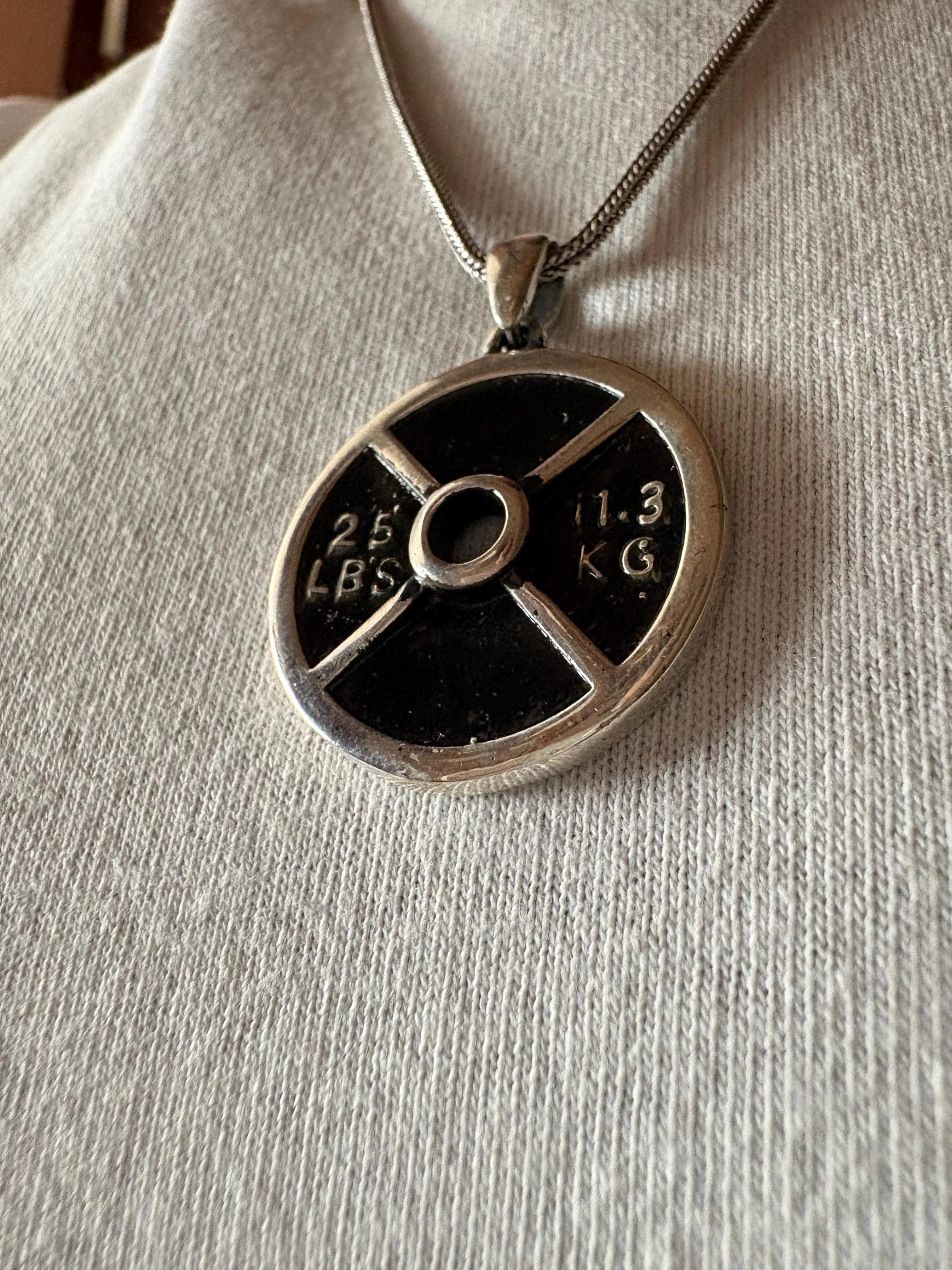 Sterling Silver Weight Plate Necklace, Personalized 25 LB Gym Pendant, Oxidized Bodybuilding Jewelry