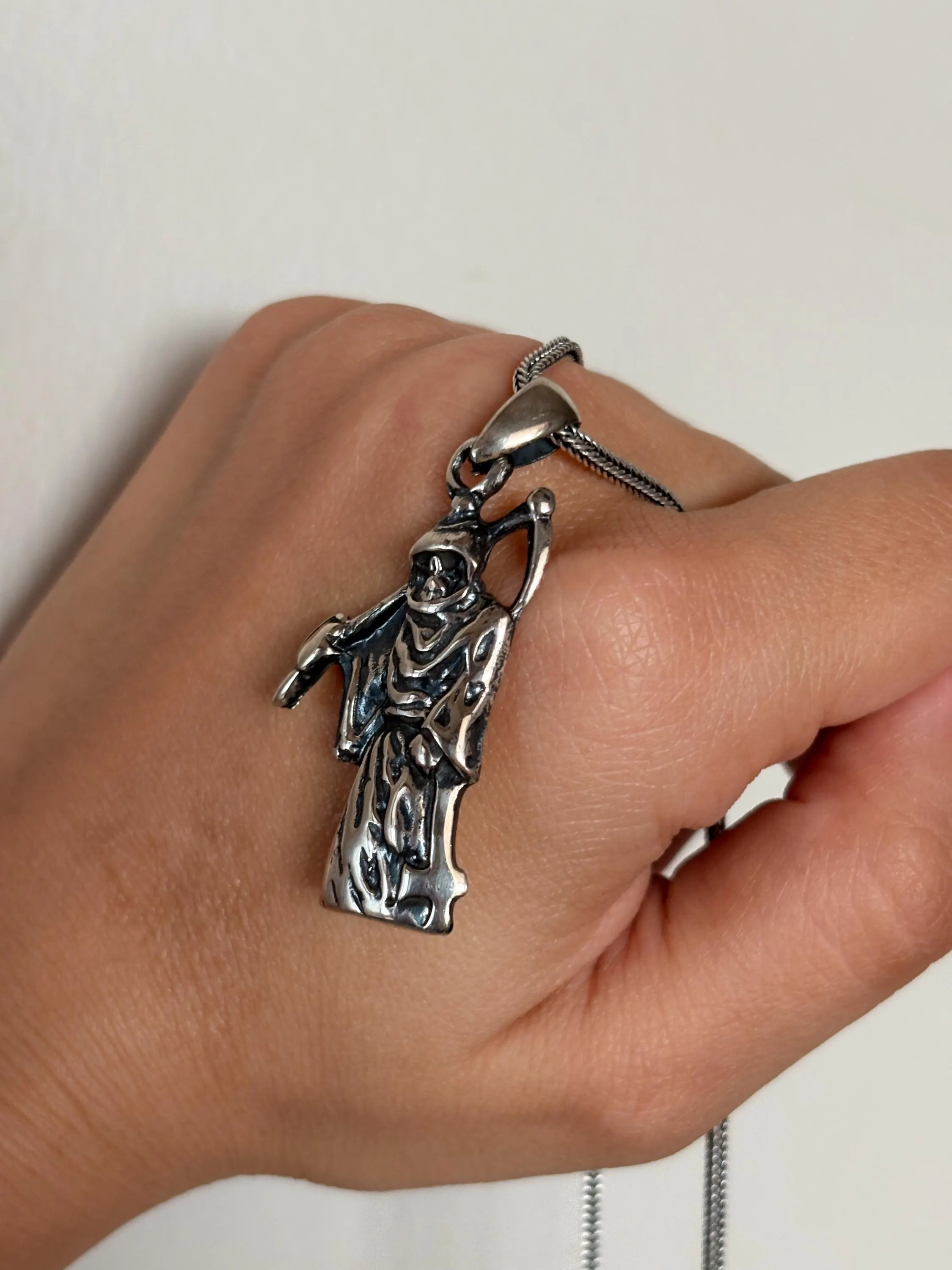 Sterling Silver Grim Reaper Necklace, Personalized Skeleton Scythe Pendant, Oxidized Gothic Unisex Jewelry - image 3