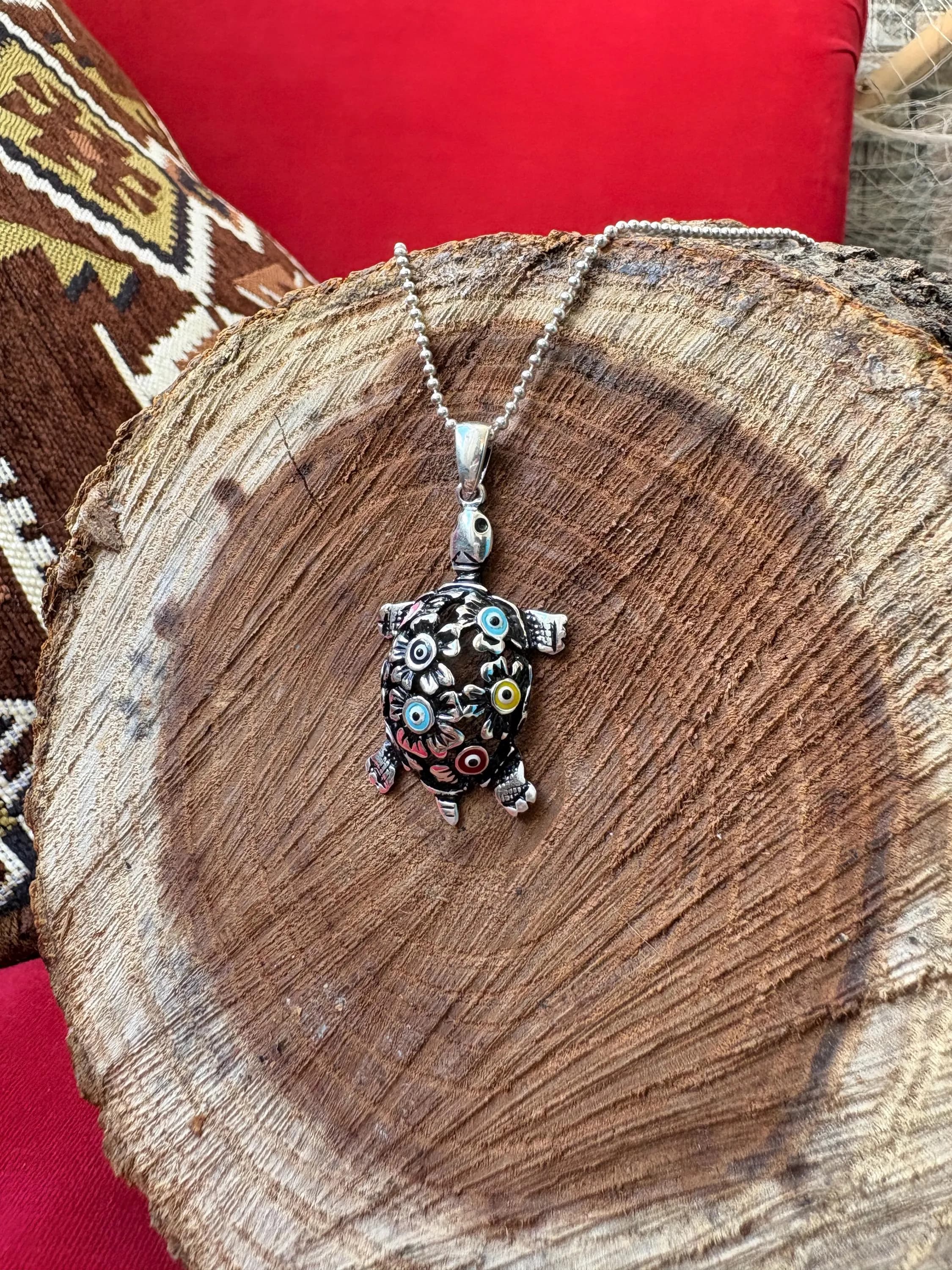 Sterling Silver Evil Eye Turtle Necklace, Personalized Colorful Animal Pendant, Protective Unisex Jewelry - image 4
