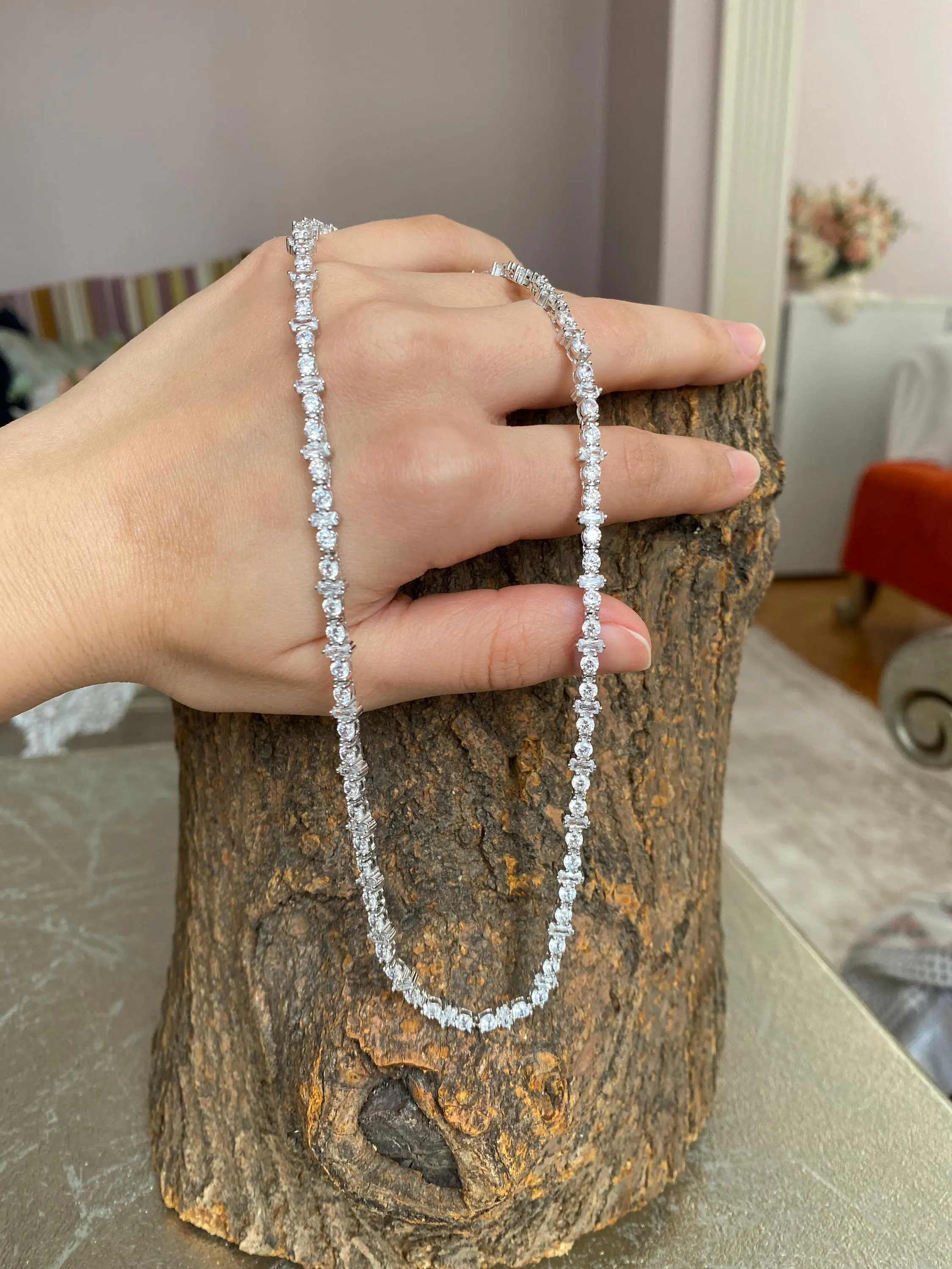 Sterling Silver Tennis Choker, Baguette & Round CZ Stones, Minimal Elegant Short Necklace, Dainty Layering Jewelry