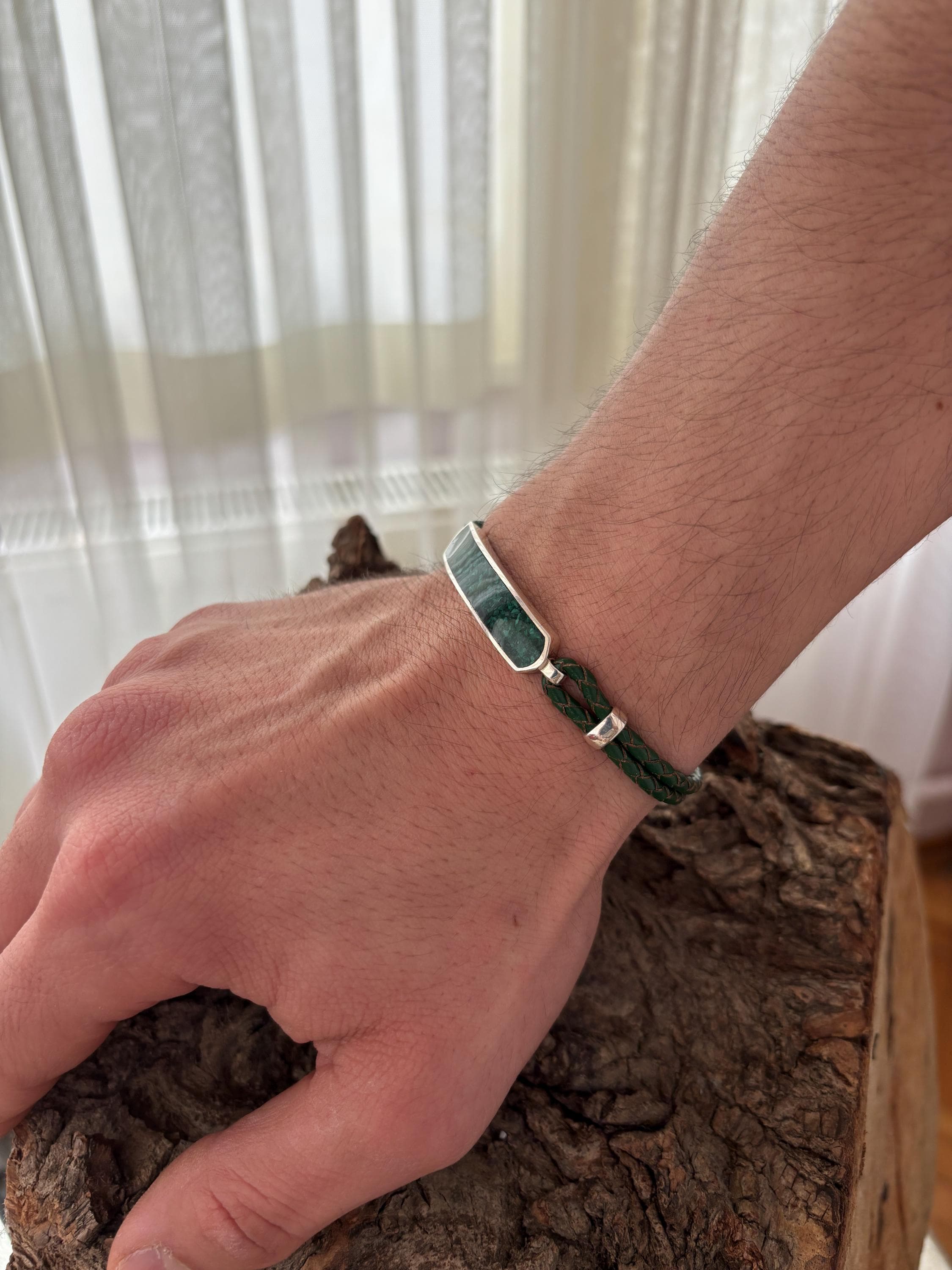 Personalized Malachite Bar Bracelet, Sterling Silver Leather Cord Bracelet for Men, Minimal Unisex Design - image 5