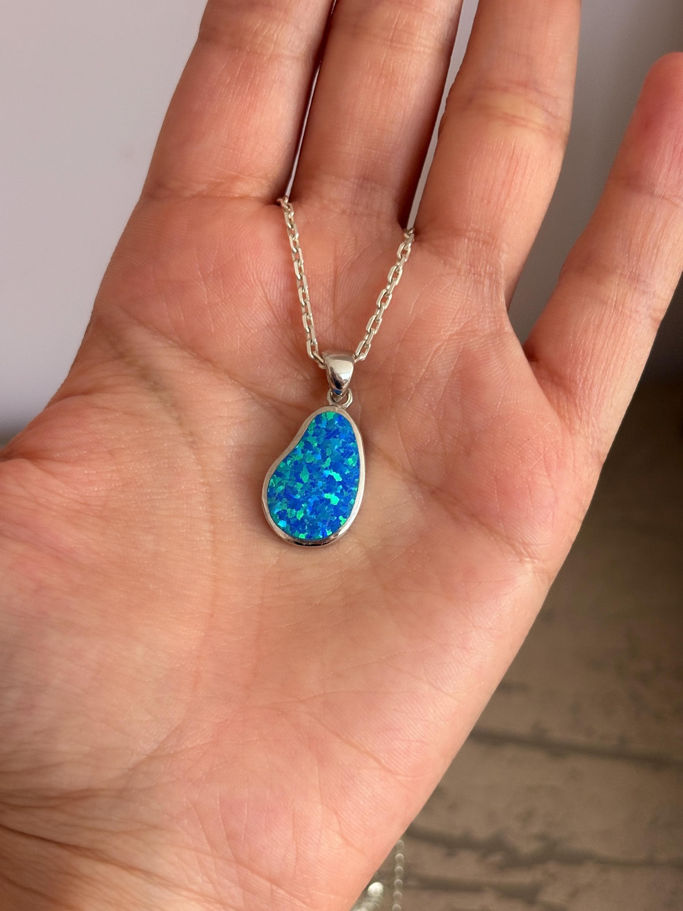 Sterling Silver Blue Opal Necklace, Organic Shape Opal Pendant, Personalized Iridescent Gemstone Jewelry - image 5