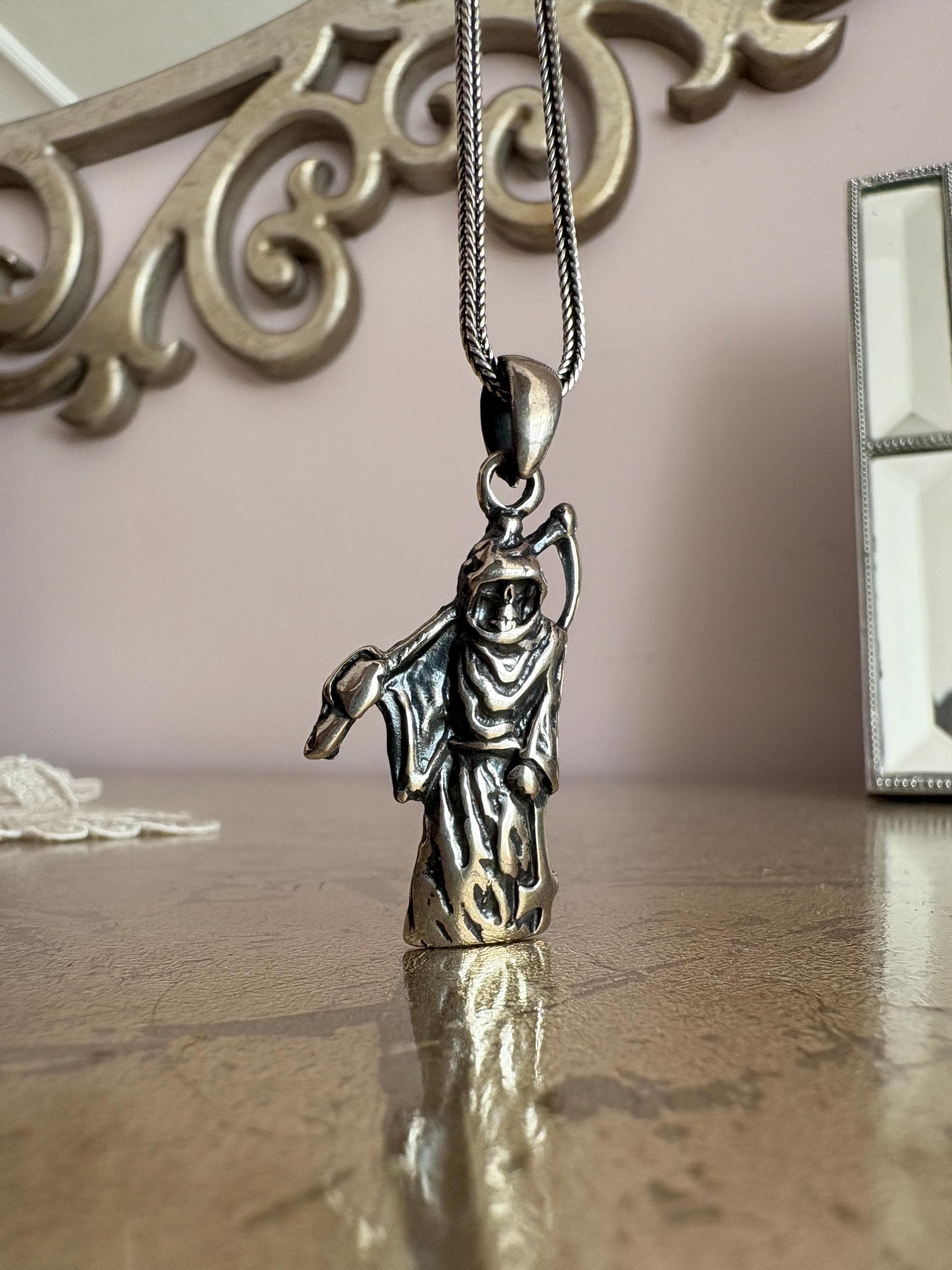 Sterling Silver Grim Reaper Necklace, Personalized Skeleton Scythe Pendant, Oxidized Gothic Unisex Jewelry