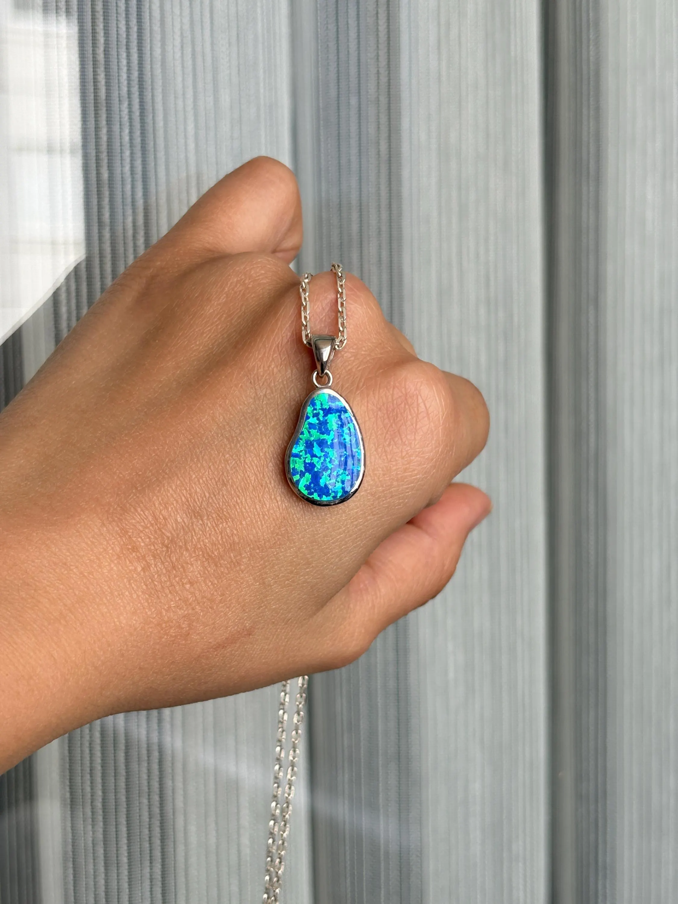 Sterling Silver Blue Opal Necklace, Organic Shape Opal Pendant, Personalized Iridescent Gemstone Jewelry - image 3
