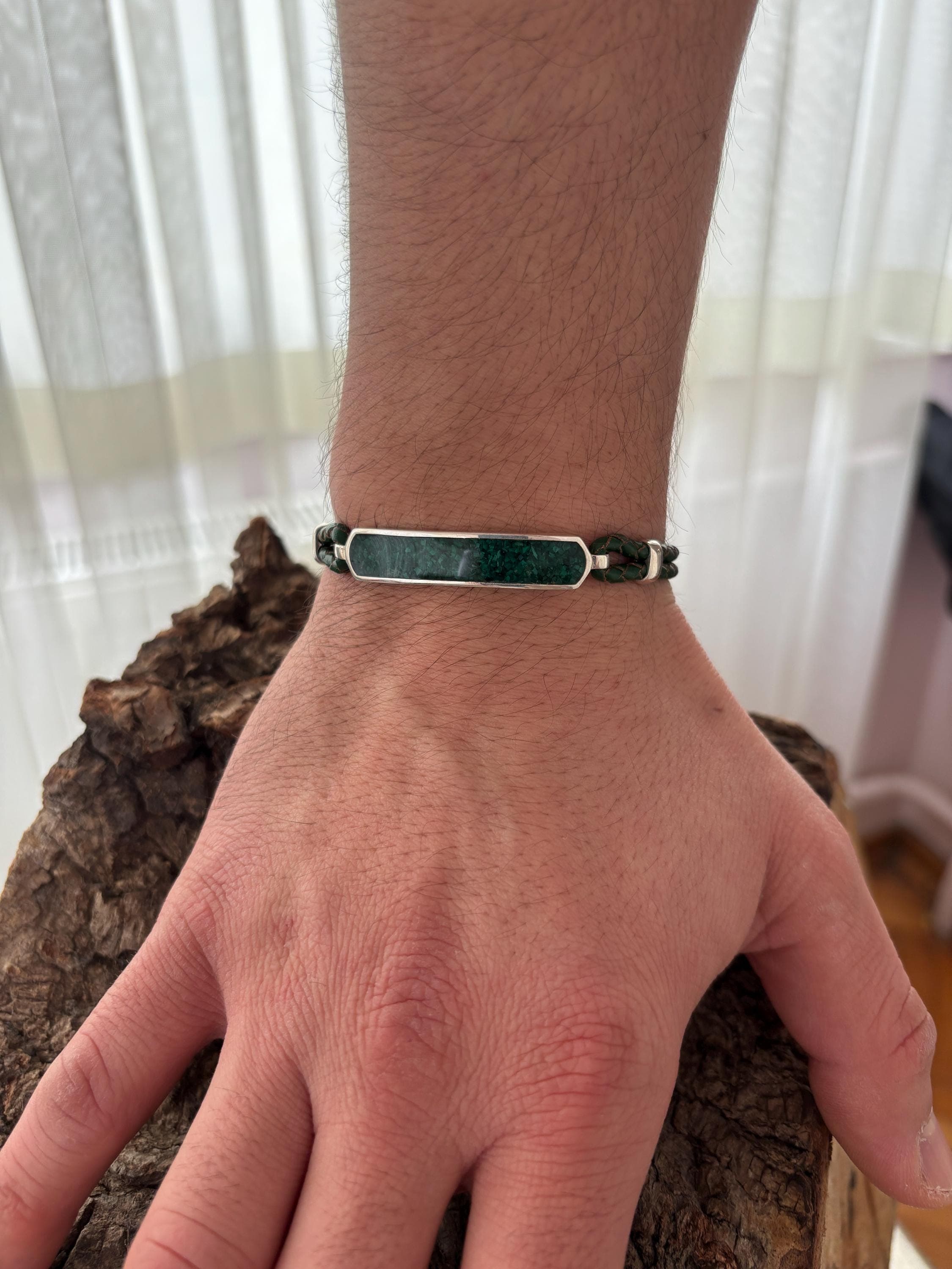 Personalized Malachite Bar Bracelet, Sterling Silver Leather Cord Bracelet for Men, Minimal Unisex Design - image 3