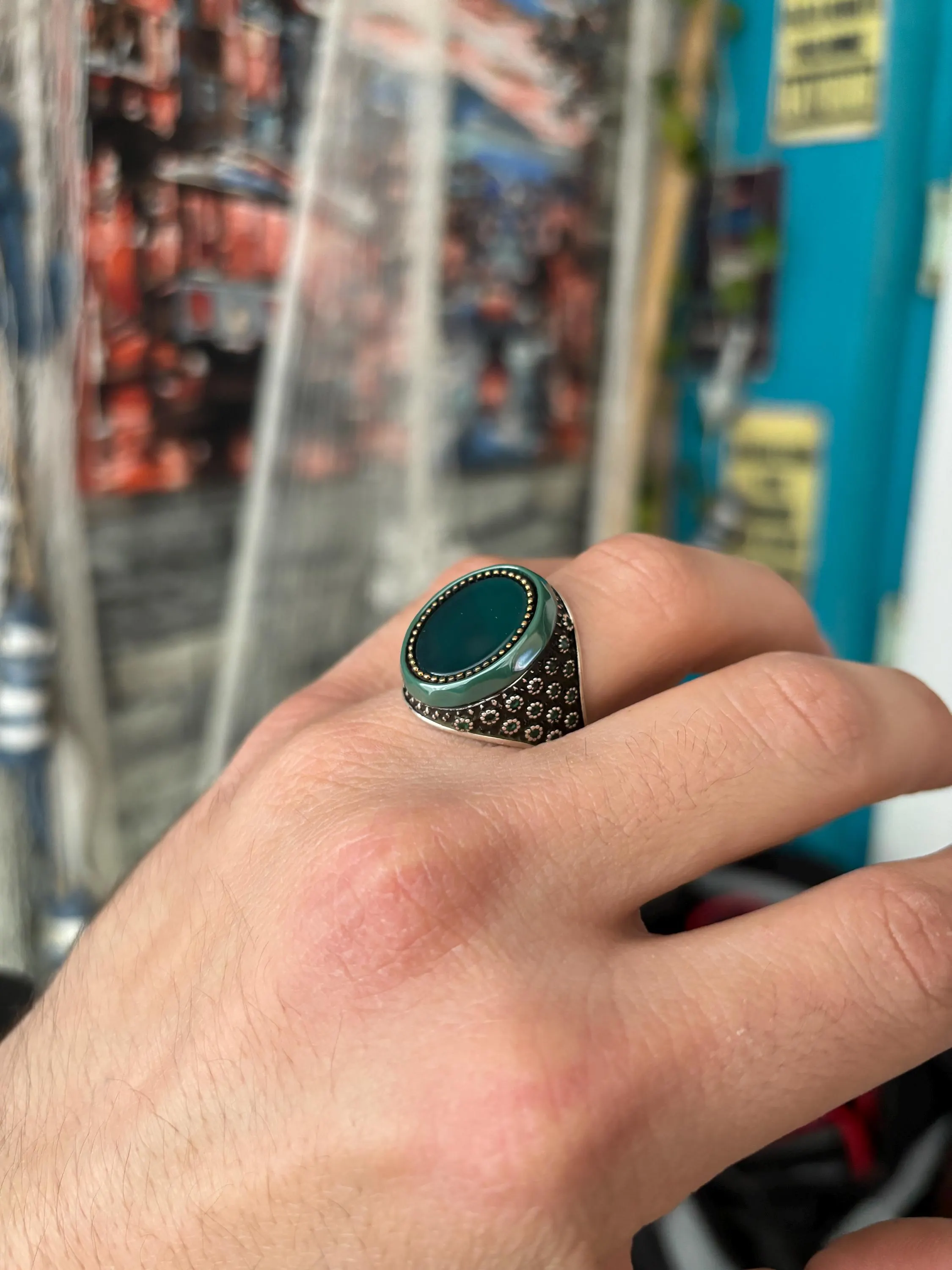 Sterling Silver Green Agate Ring, Vintage Signet Rings, Oval Stone Statement Ring, Handmade Bold Men’s Jewelry