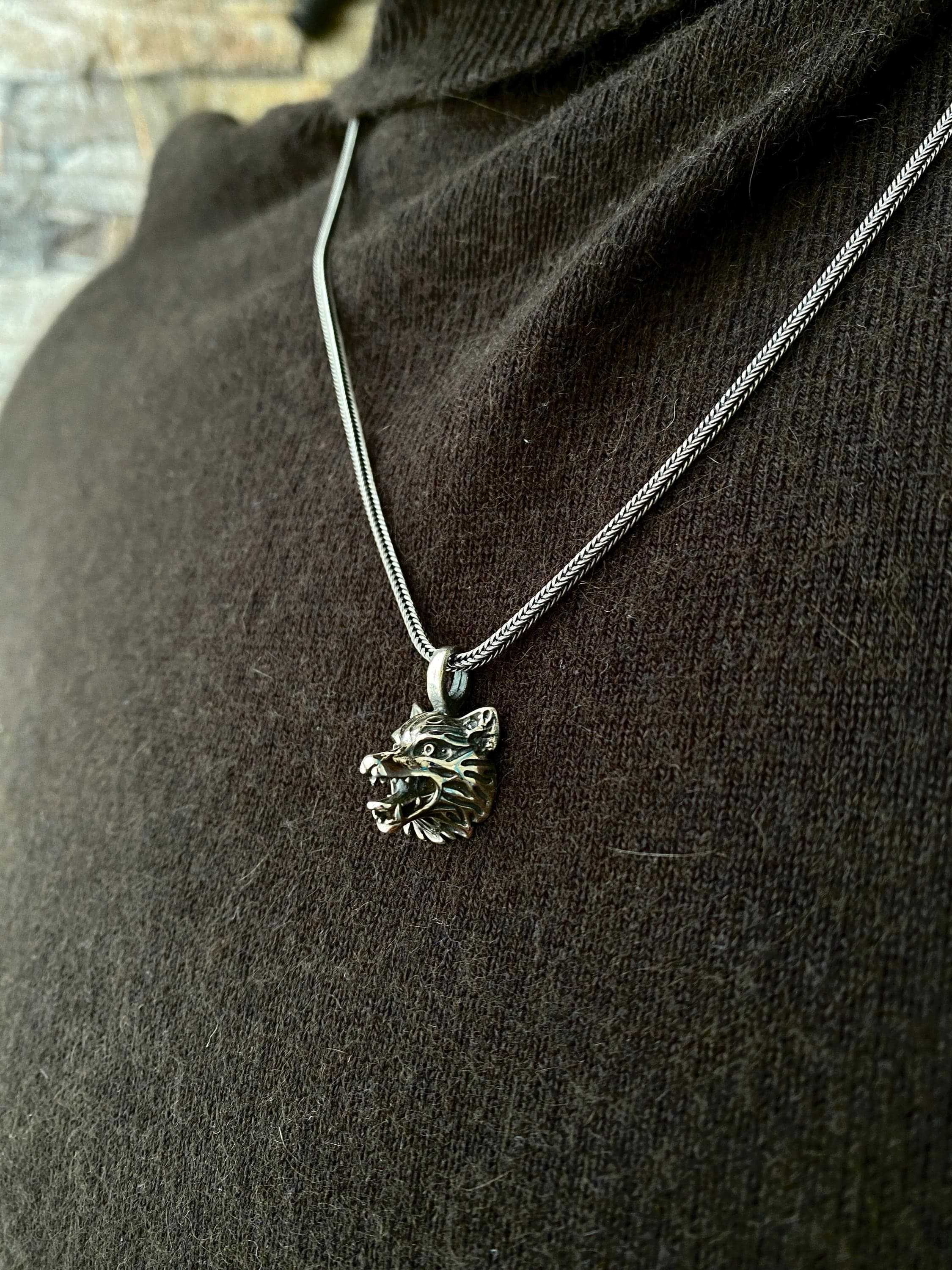 Sterling Silver Wolf Head Necklace, Handmade Animal Totem Pendant, Oxidized Viking Jewelry for Men
