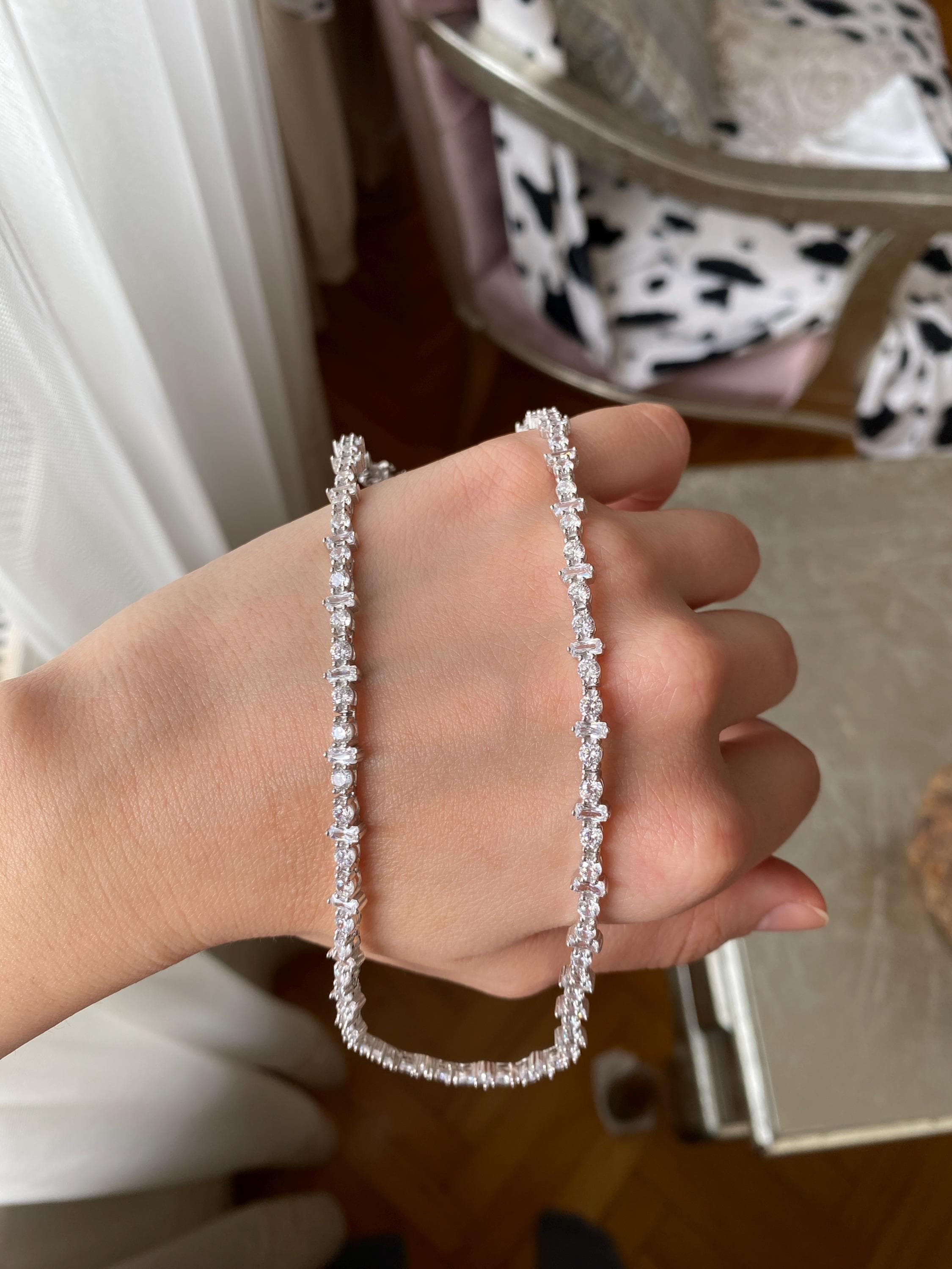 Sterling Silver Tennis Choker, Baguette & Round CZ Stones, Minimal Elegant Short Necklace, Dainty Layering Jewelry - image 3