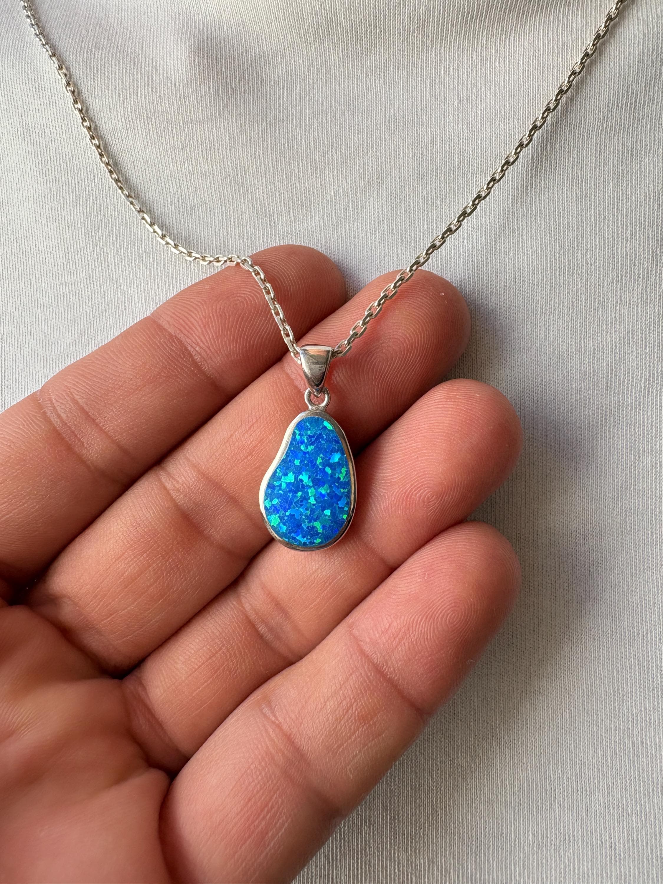 Sterling Silver Blue Opal Necklace, Organic Shape Opal Pendant, Personalized Iridescent Gemstone Jewelry