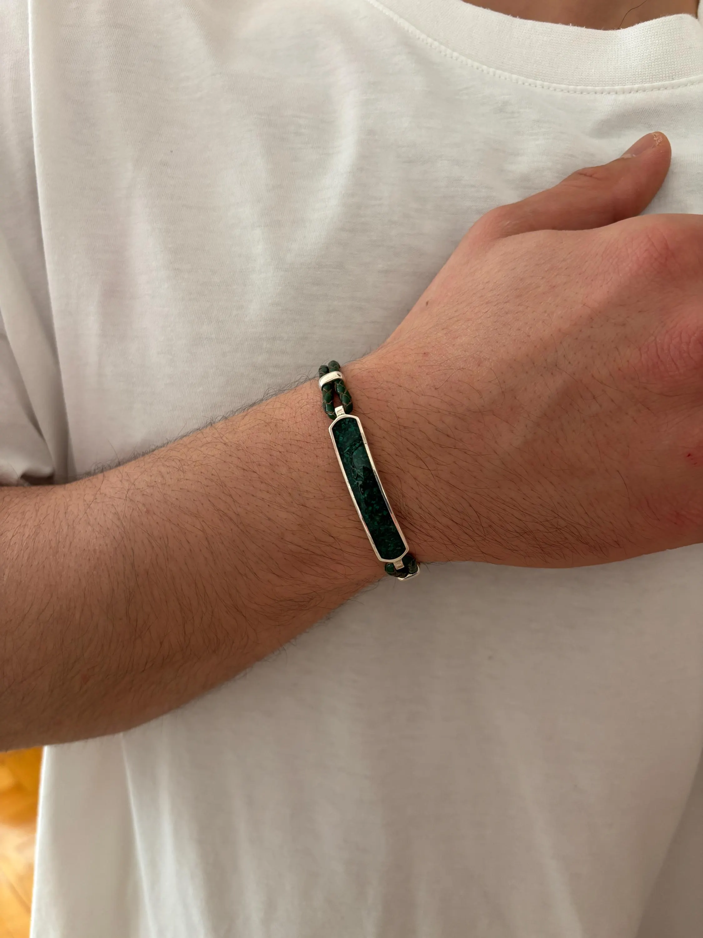Personalized Malachite Bar Bracelet, Sterling Silver Leather Cord Bracelet for Men, Minimal Unisex Design - image 4