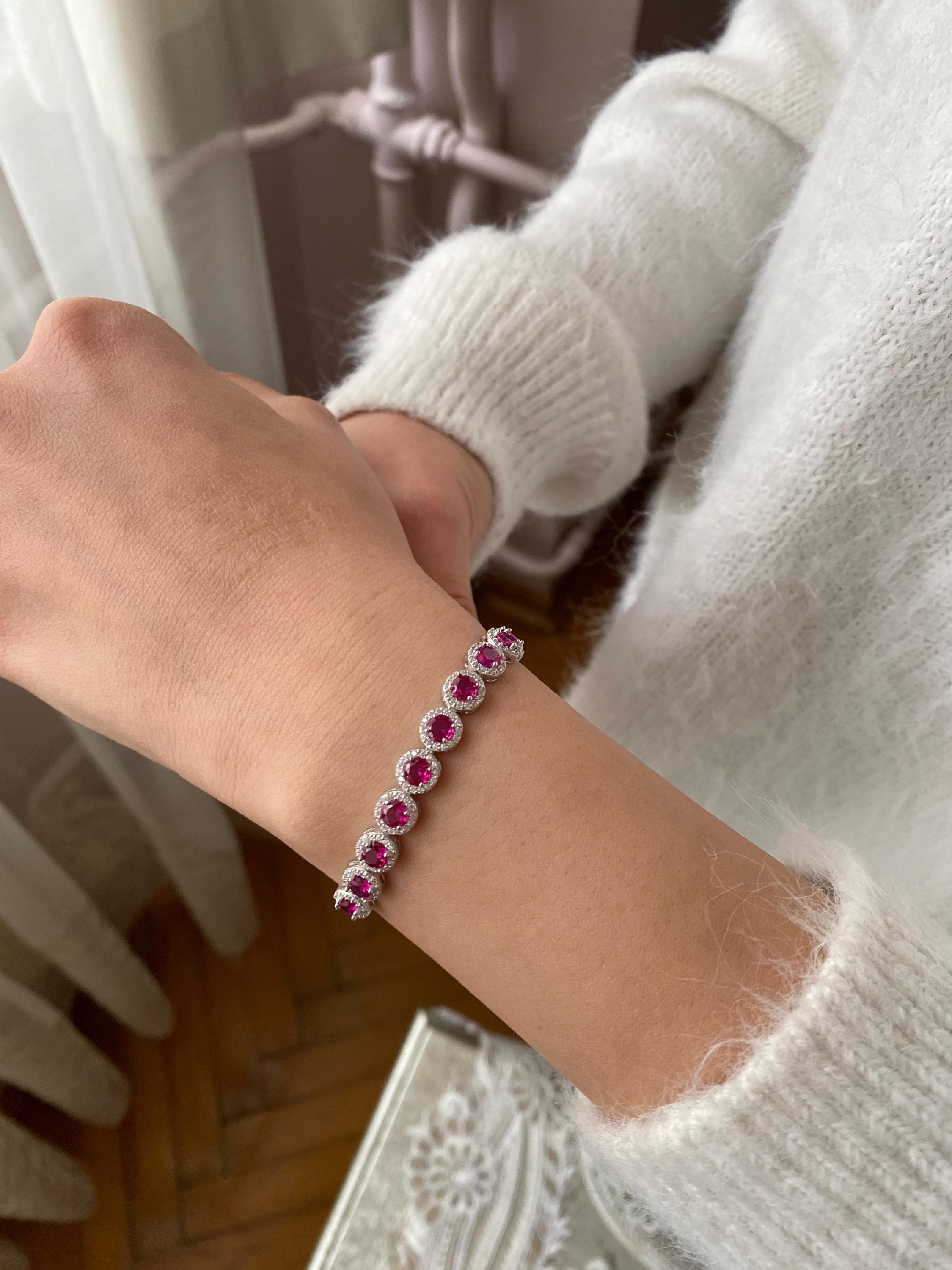 Sterling Silver Pink CZ Tennis Bracelet, Personalized Round Halo Design, Handmade Jewelry for Women - image 3