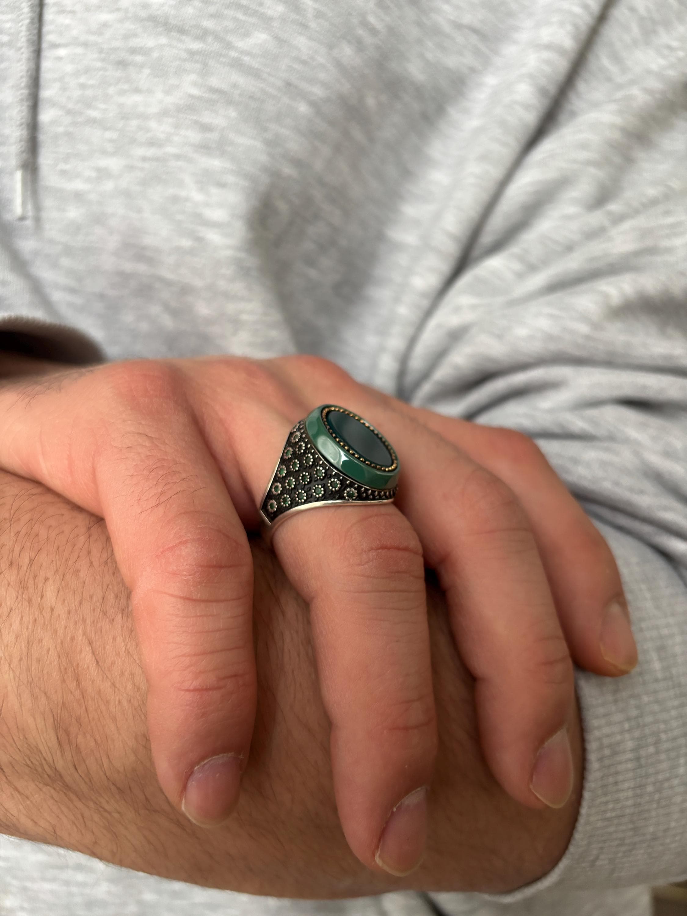 Sterling Silver Green Agate Ring, Vintage Signet Rings, Oval Stone Statement Ring, Handmade Bold Men’s Jewelry - image 3