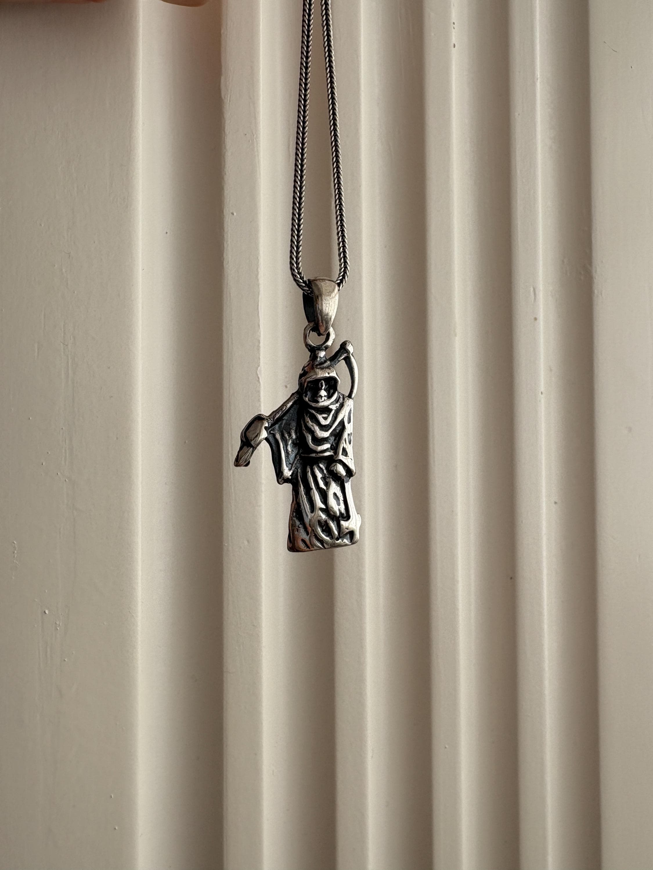 Sterling Silver Grim Reaper Necklace, Personalized Skeleton Scythe Pendant, Oxidized Gothic Unisex Jewelry - image 5