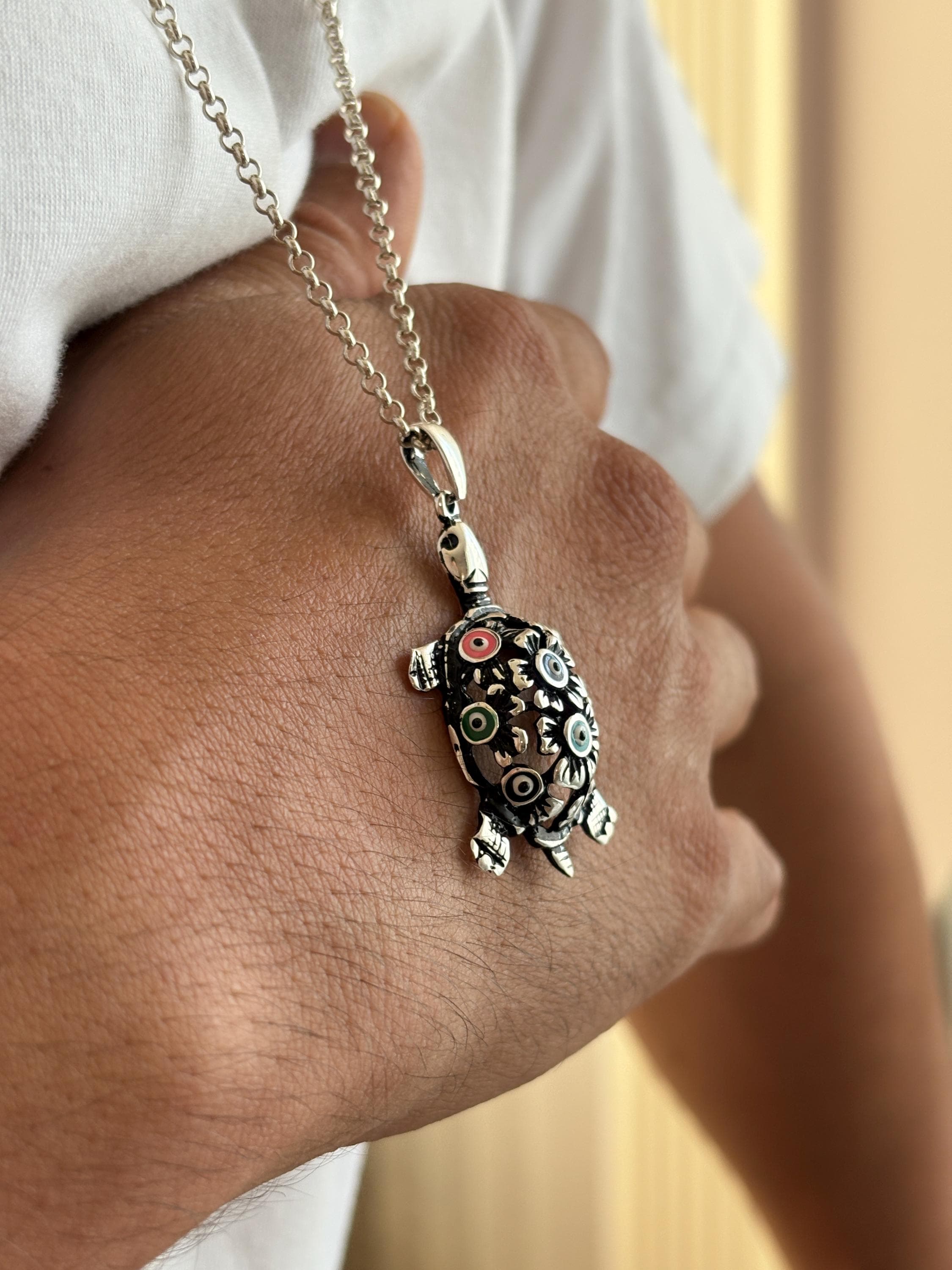 Sterling Silver Evil Eye Turtle Necklace, Personalized Colorful Animal Pendant, Protective Unisex Jewelry - image 3