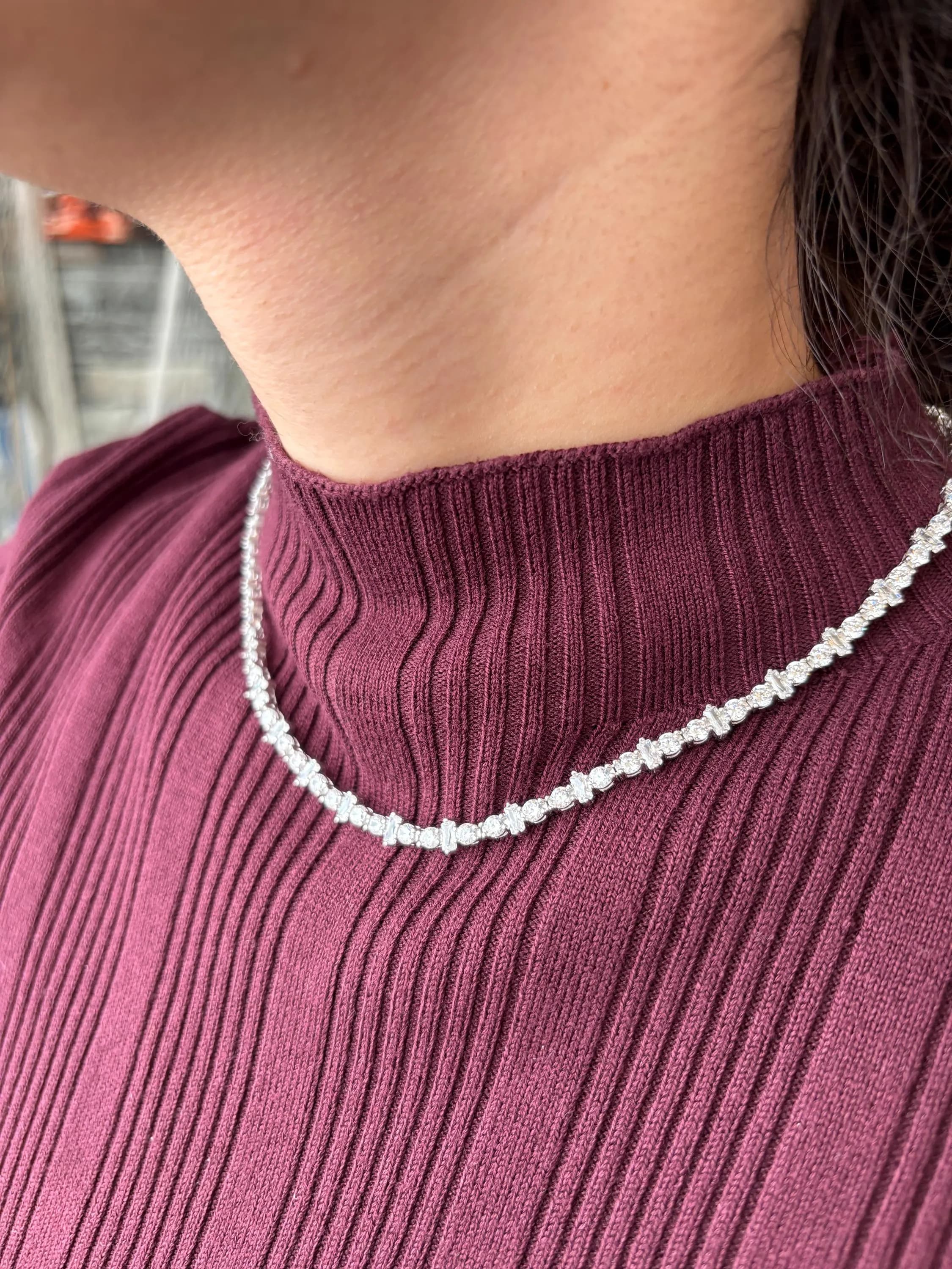 Sterling Silver Tennis Choker, Baguette & Round CZ Stones, Minimal Elegant Short Necklace, Dainty Layering Jewelry - image 5