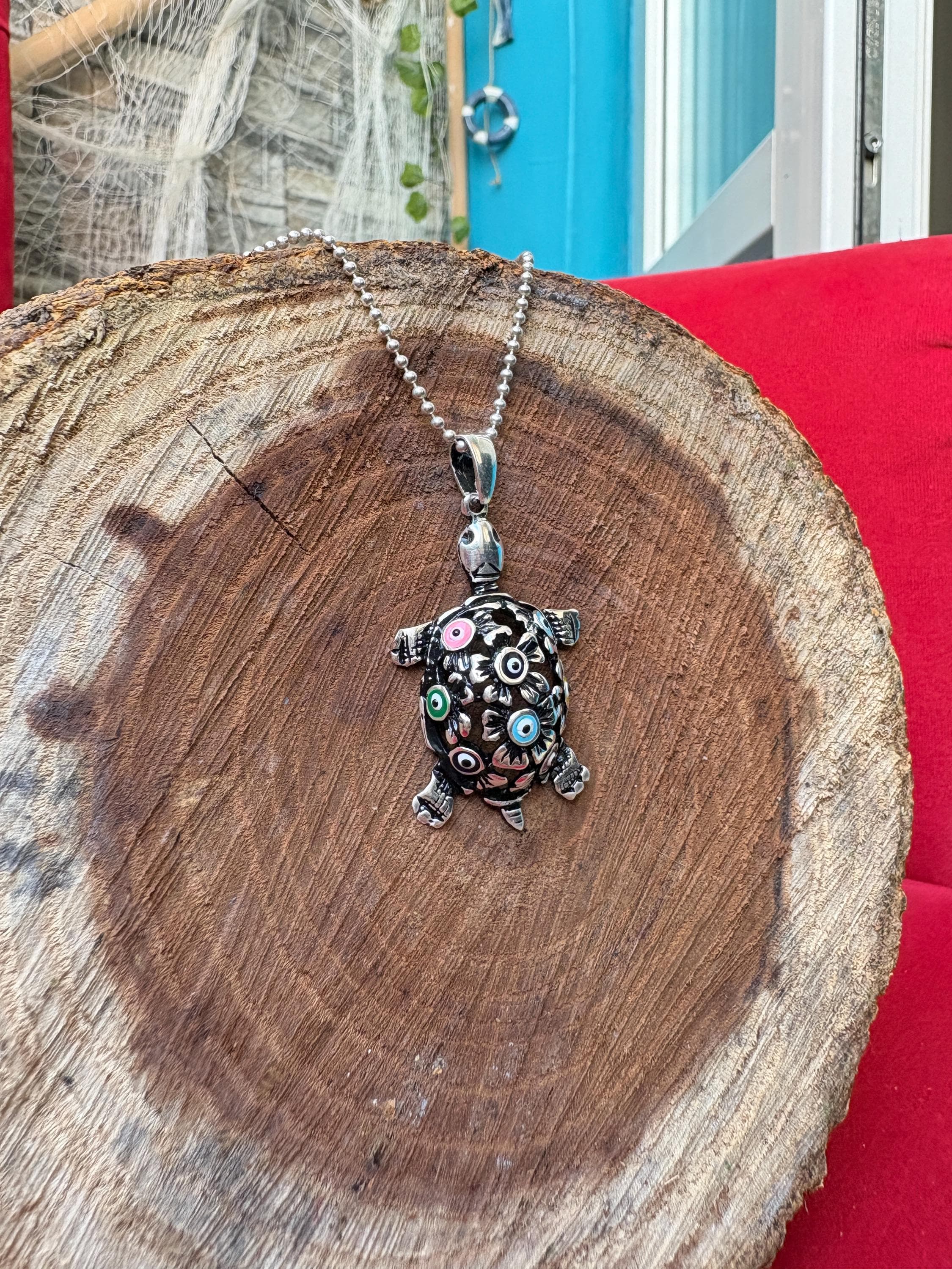 Sterling Silver Evil Eye Turtle Necklace, Personalized Colorful Animal Pendant, Protective Unisex Jewelry - image 5