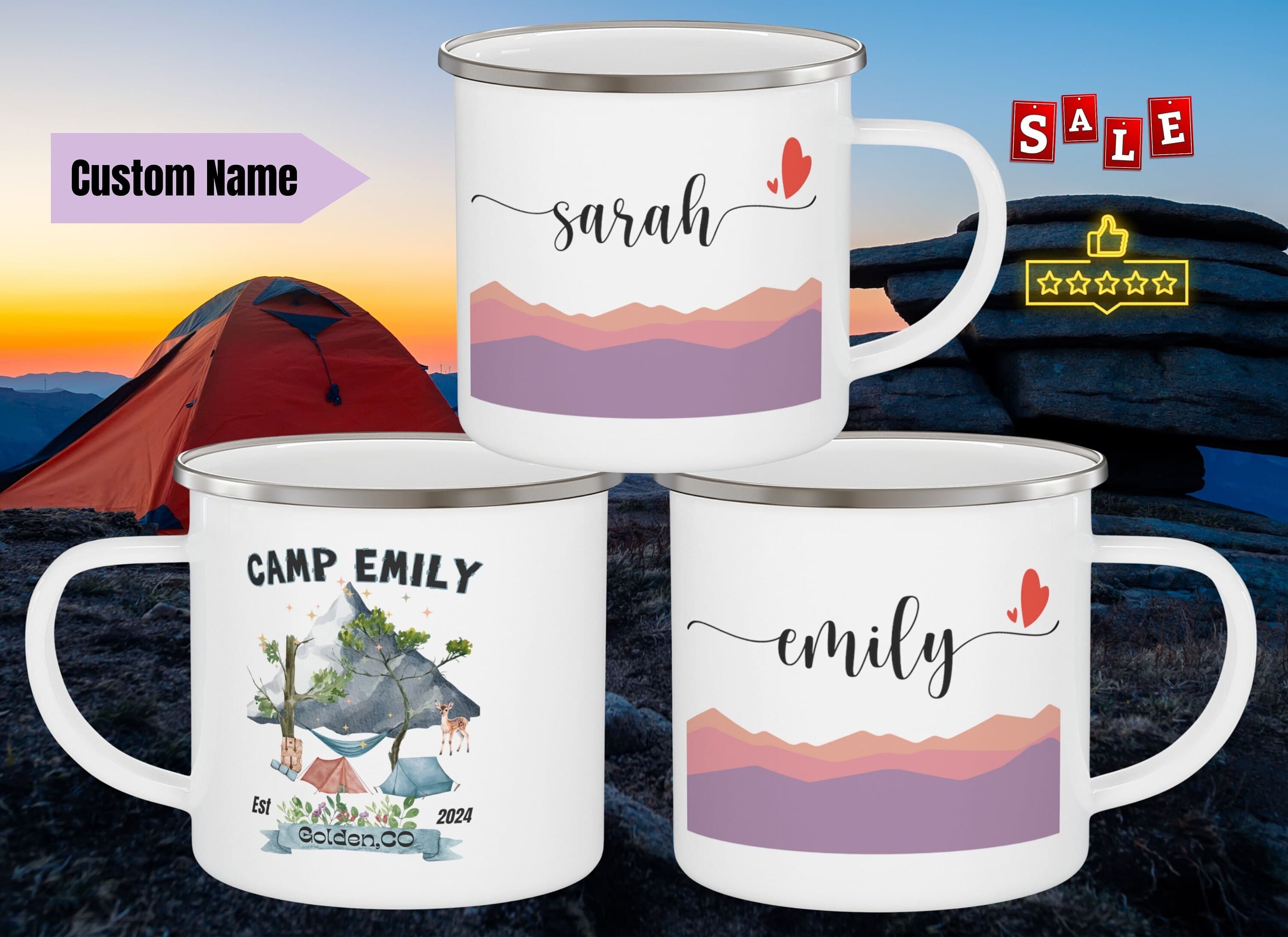 Camp Bachelorette Party Gift for Bridesmaids Personalized Enamel Camping Mug, Custom Lake Bachelorette Mug Camping Hiking Bachelorette Mug