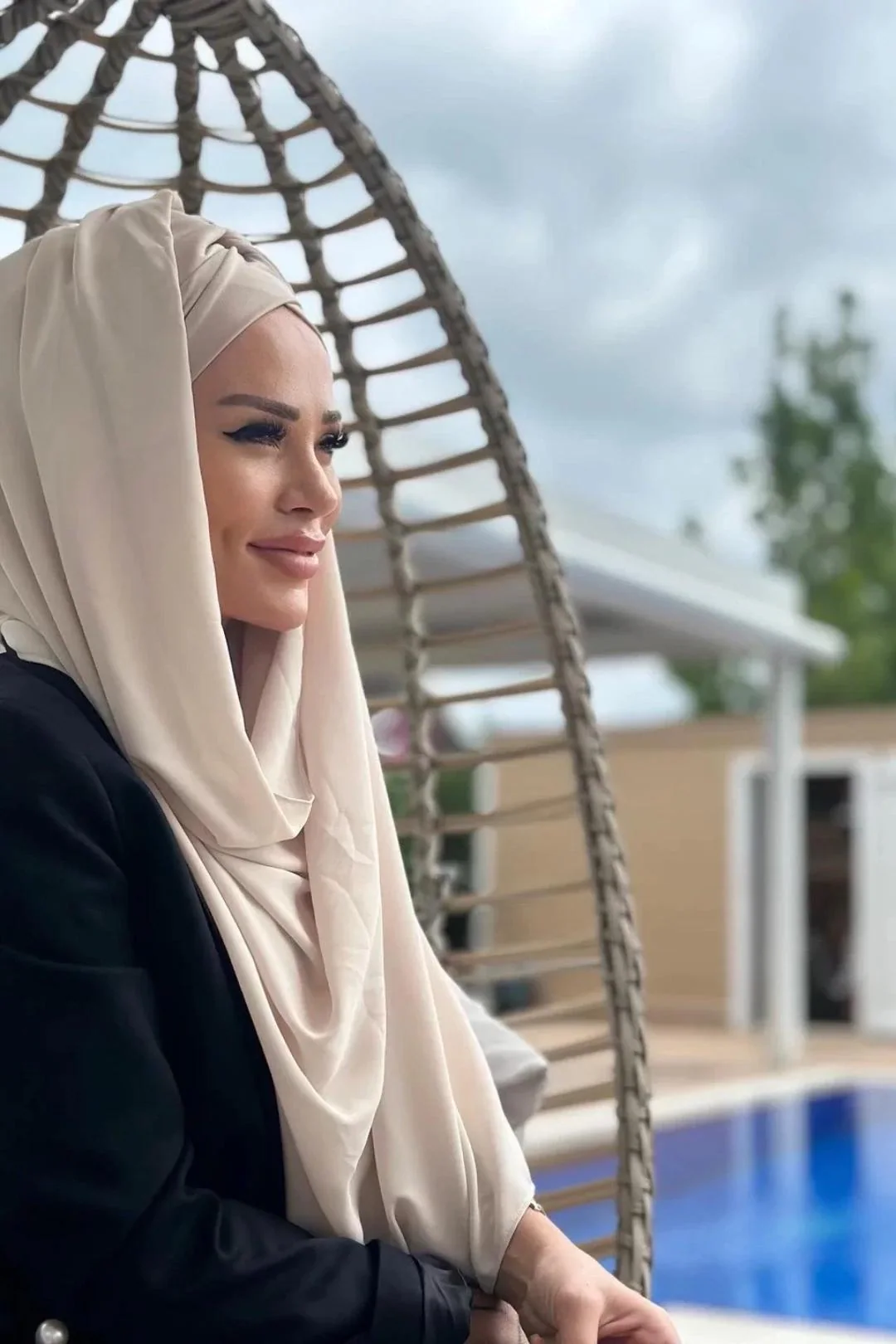 Beige Modest Bonnet Hijab with Attached Crepe Shawl and Soft Viscose Front, Padded Comfort for Muslim Women and Events - image 4