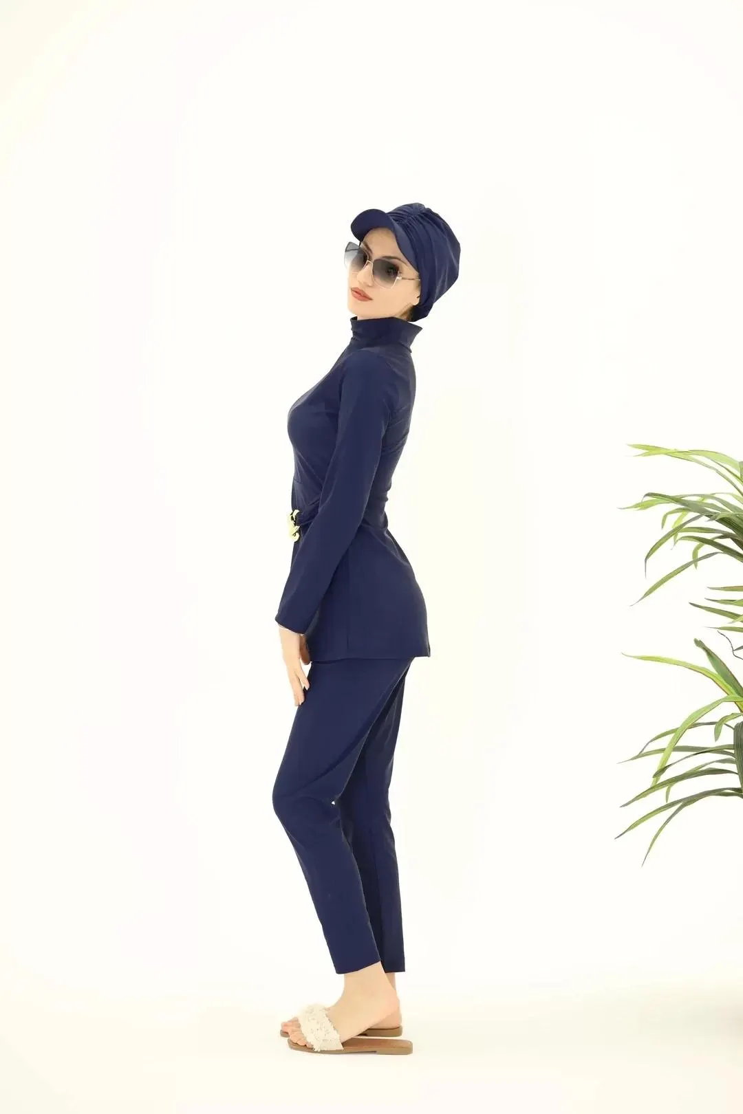 Navy Blue Polyester Modest Swimwear Set with Gold Chain Belt, Quick-Dry Water-Repellent Burkini for Beach & Pool - image 3