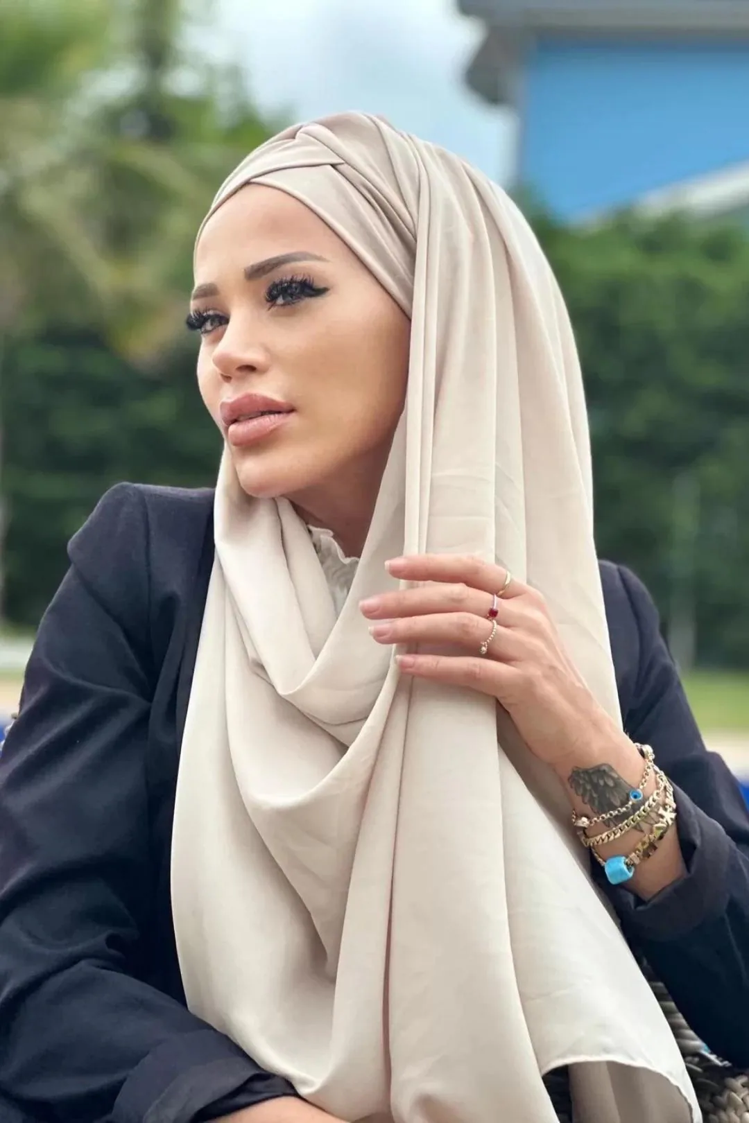 Beige Modest Bonnet Hijab with Attached Crepe Shawl and Soft Viscose Front, Padded Comfort for Muslim Women and Events
