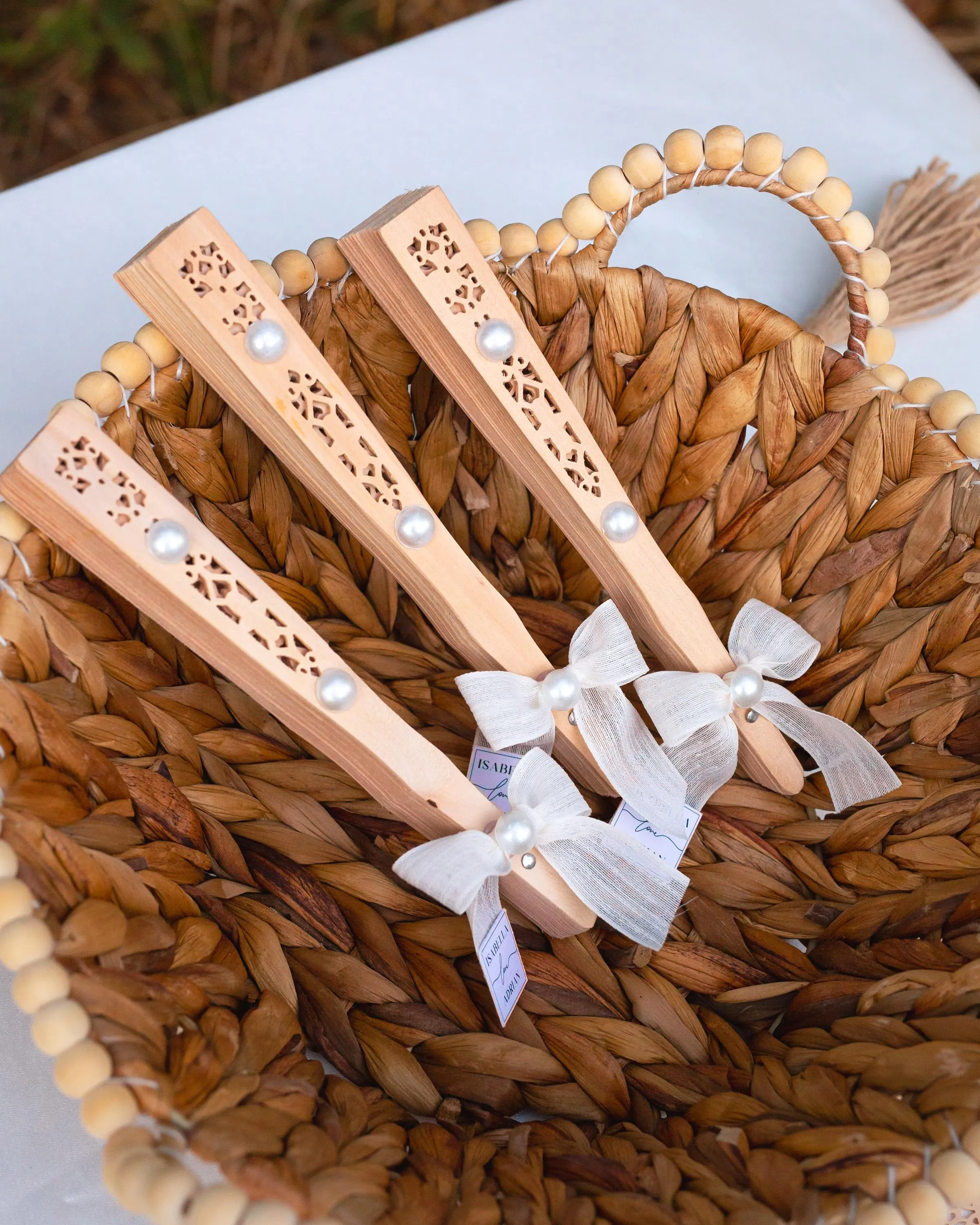 Bridal shower favor wooden fan with pearl detail