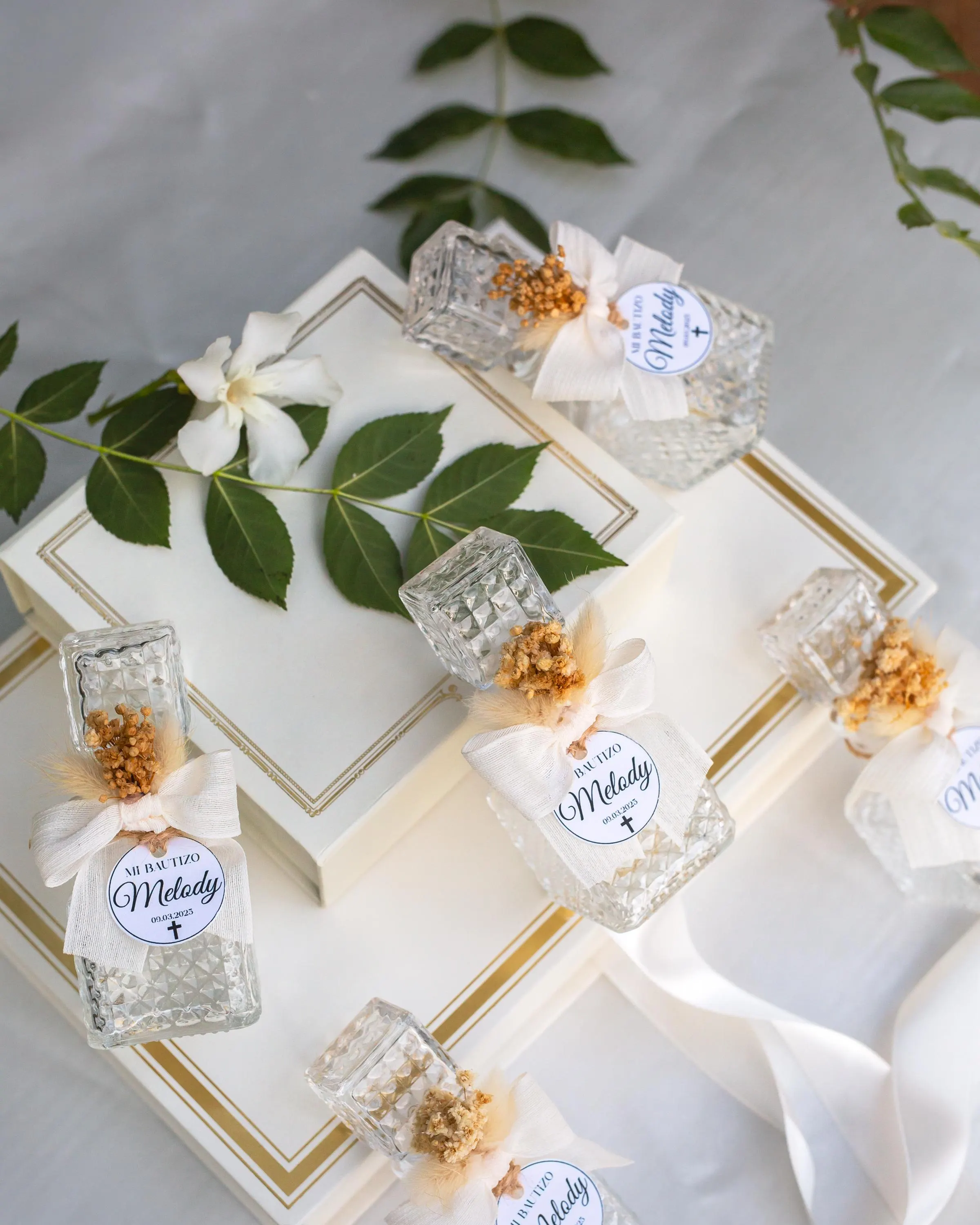Communion favor glass holy water bottles with custom labels