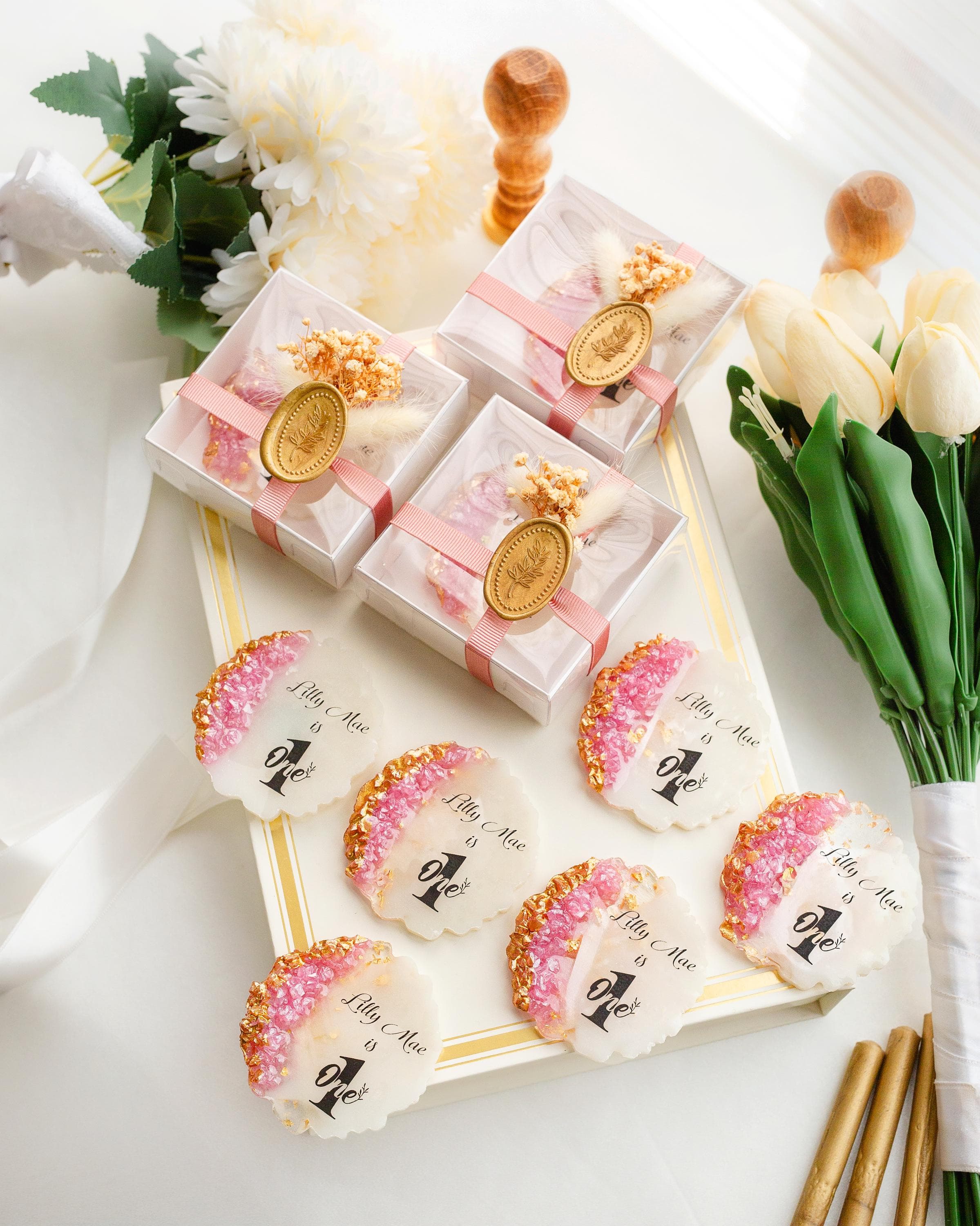Baby girl rose gold birthday party magnet favor for guests