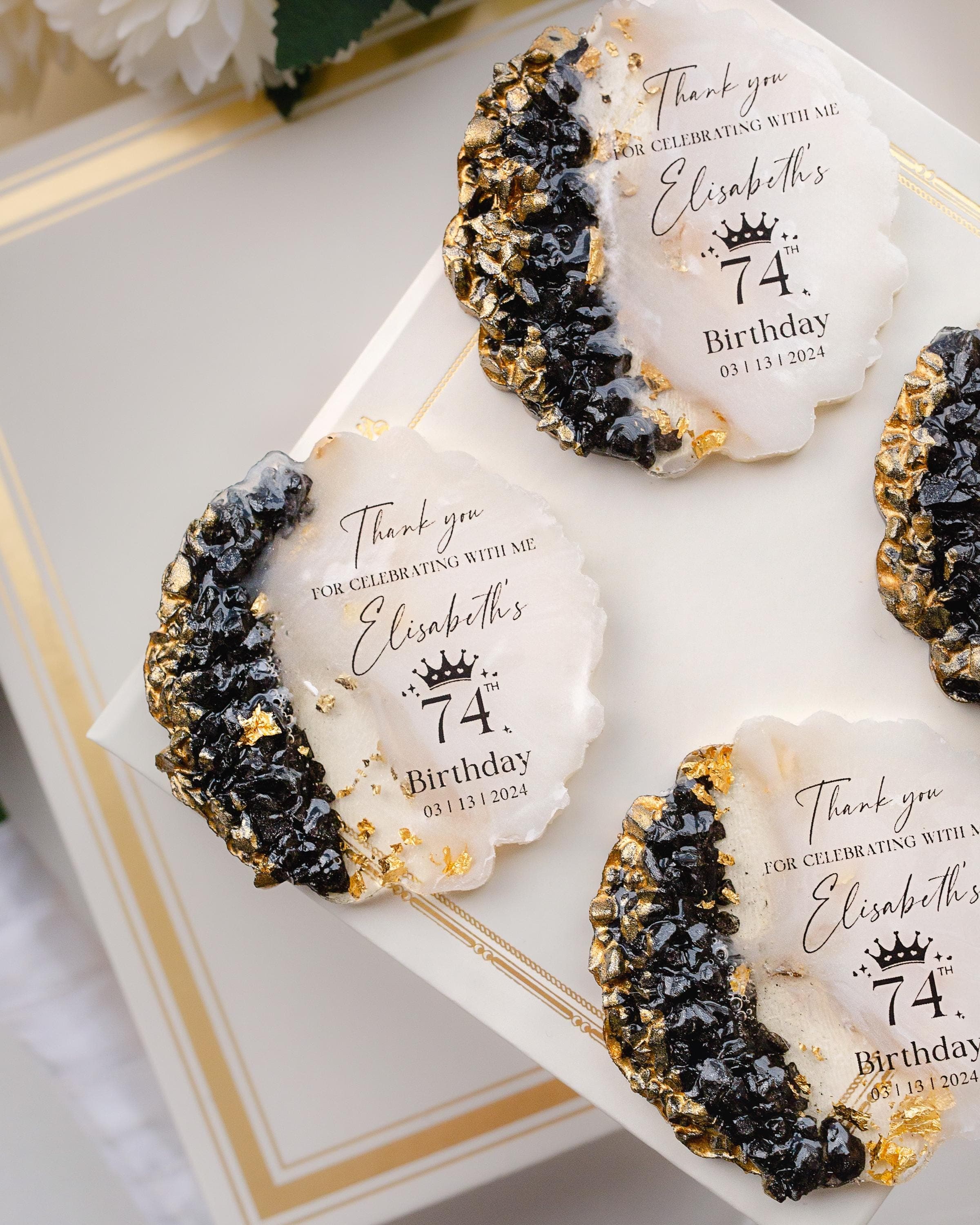 Personalized epoxy magnet favor for adult milestone birthday guests