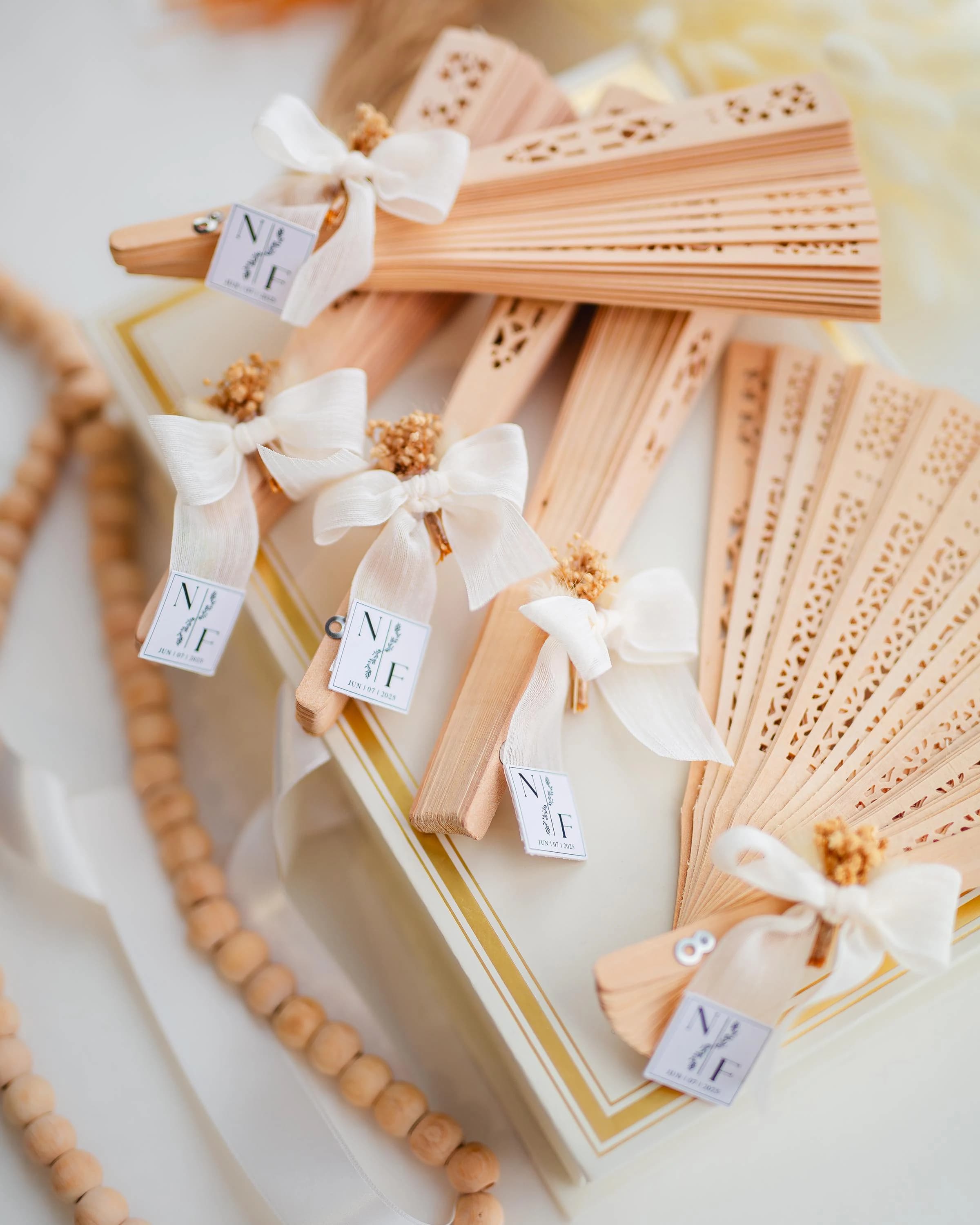 Rustic wedding guest favor wooden hand fan