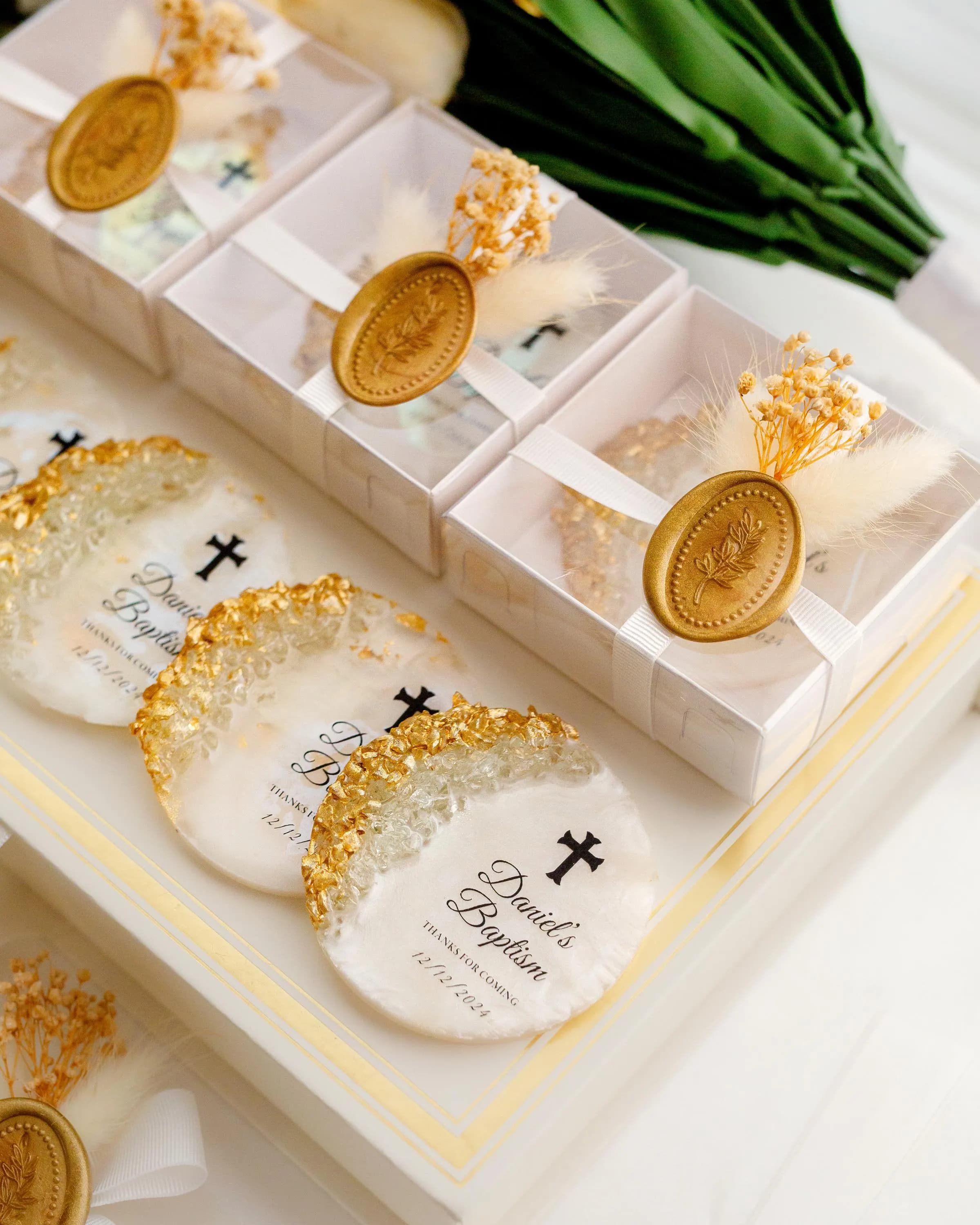 Personalized baptism epoxy magnet favor for christening guests