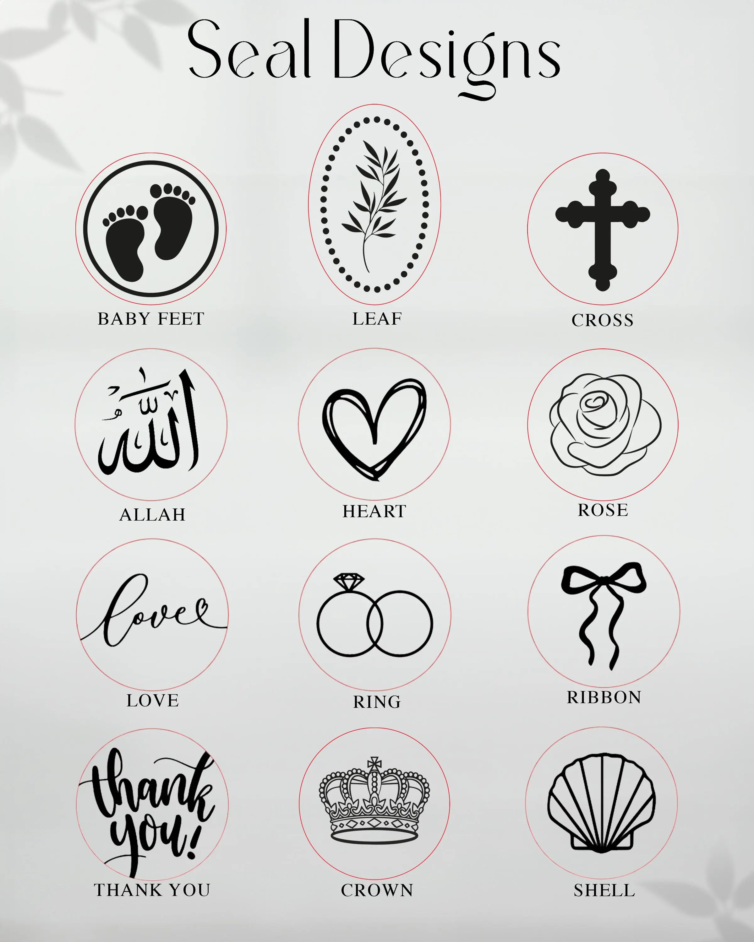 Seal Designs chart featuring Baby Feet, Leaf, Cross, Allah, Heart, Rose, Love, Ring, Ribbon, Thank You, Crown and Shell icons shown as customization options for epoxy magnet favors.