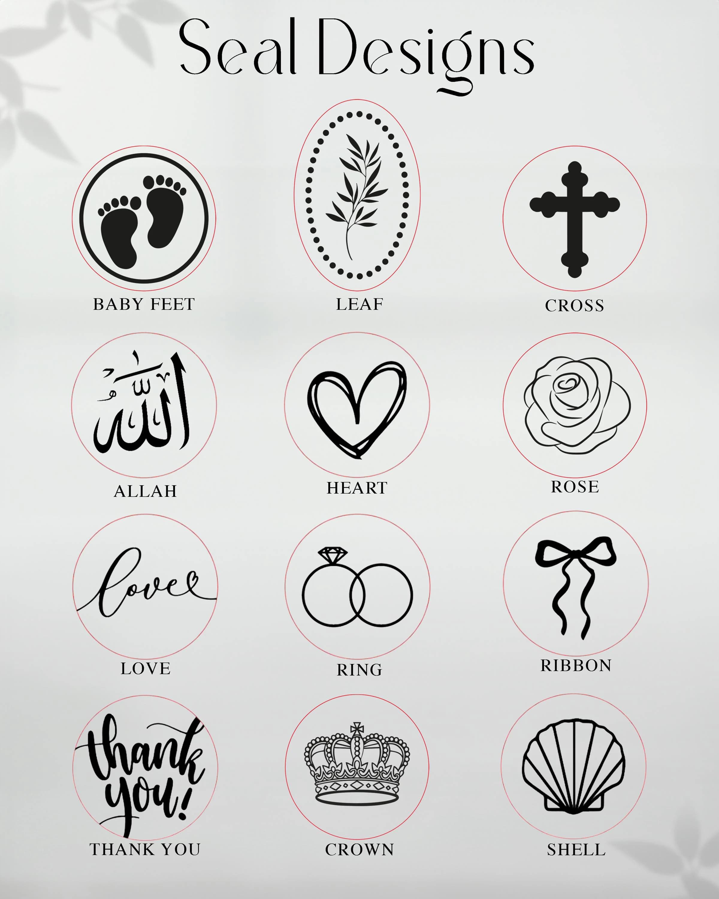 Seal Designs chart featuring Baby Feet, Leaf, Cross, Allah, Heart, Rose, Love, Ring, Ribbon, Thank You, Crown and Shell icons shown as customization options for epoxy magnet favors.