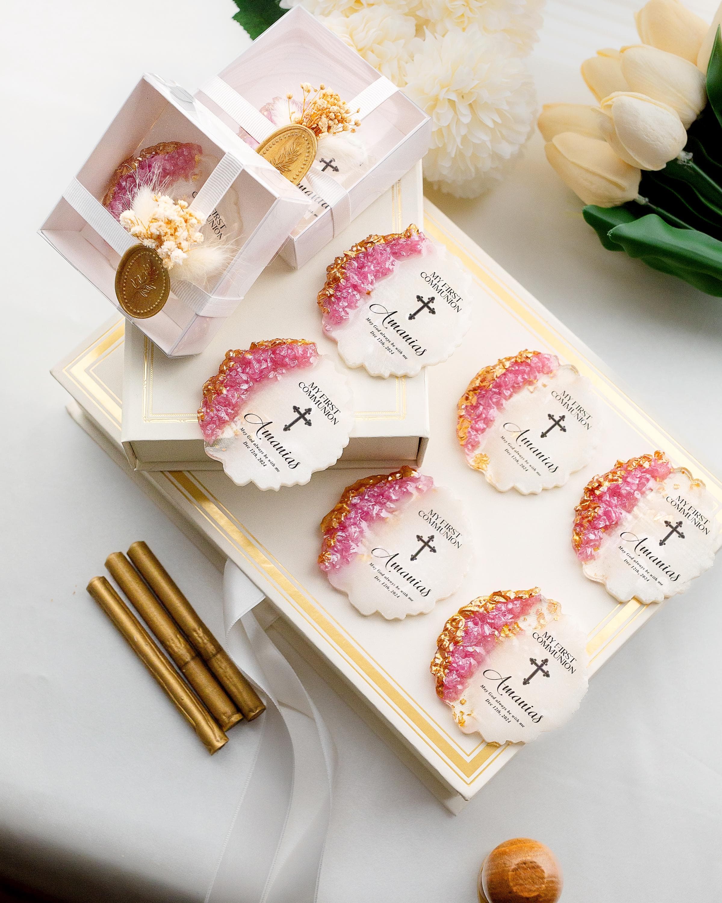 Custom golden baptism magnet keepsake for baby boy or girl guests