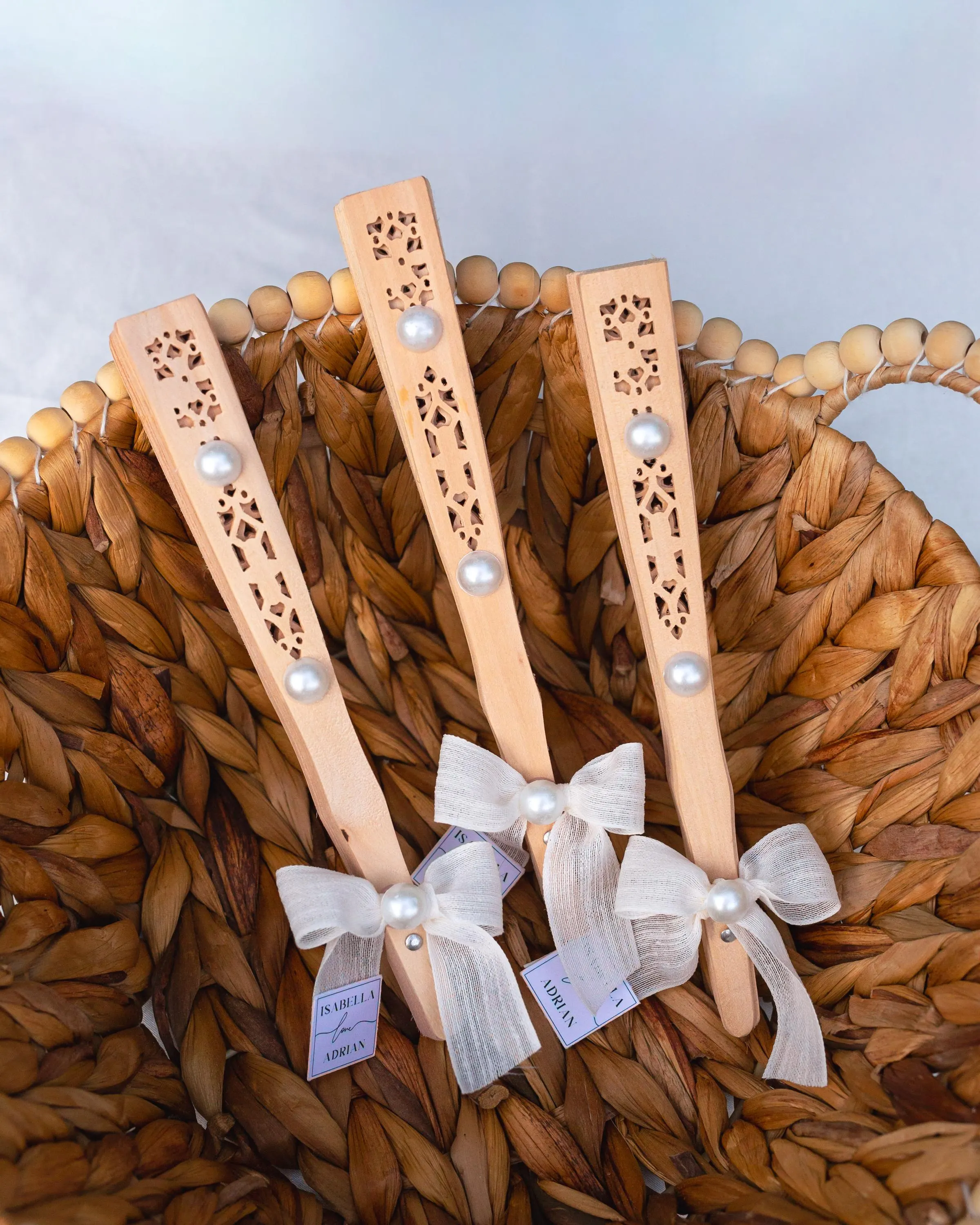 Premium wooden folding wedding fan with pearl decoration