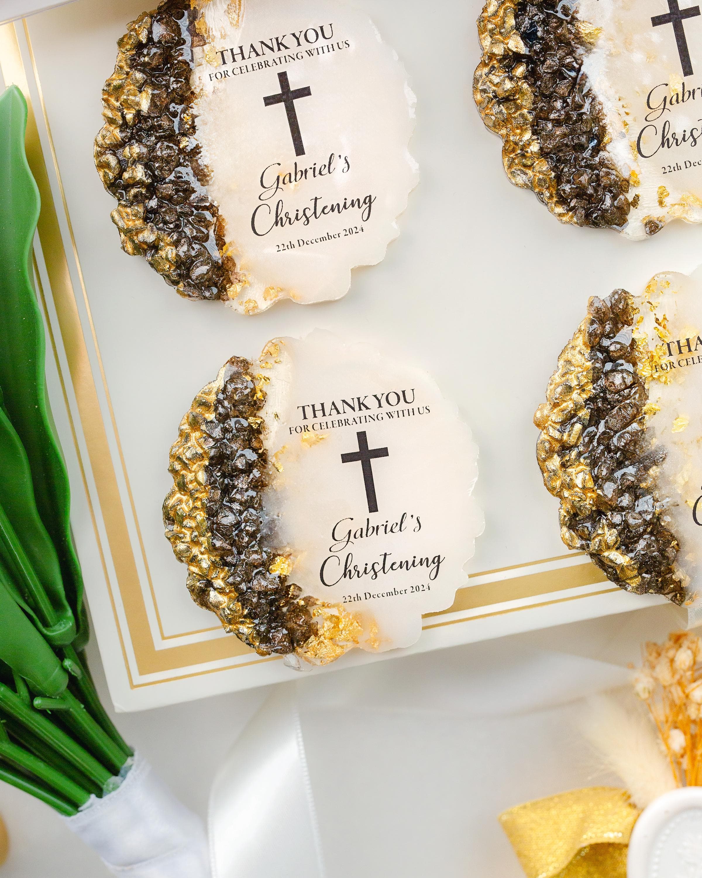 Personalized baptism epoxy magnet favor for guests at christening