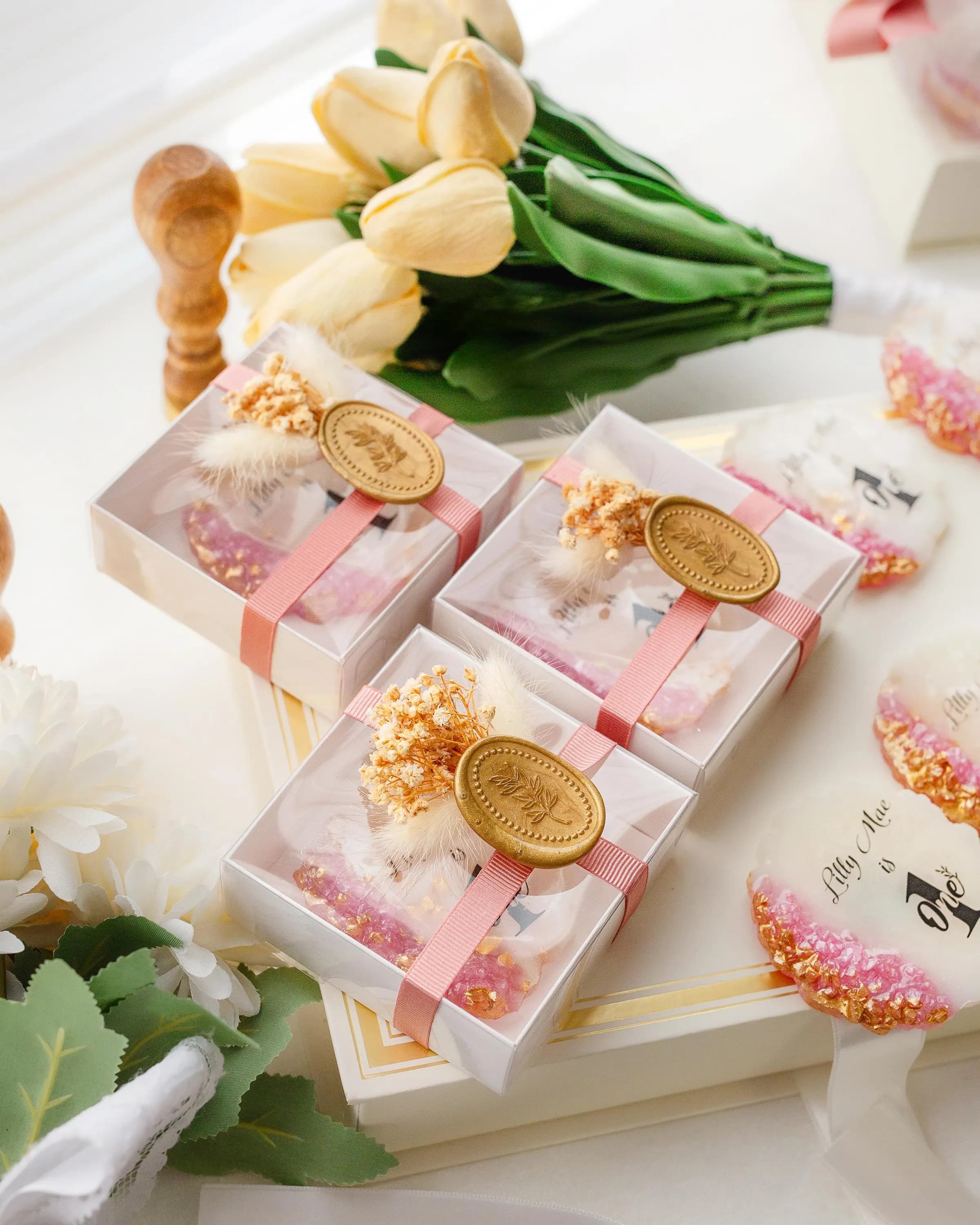 First birthday thank you favor in rose gold color with epoxy seal