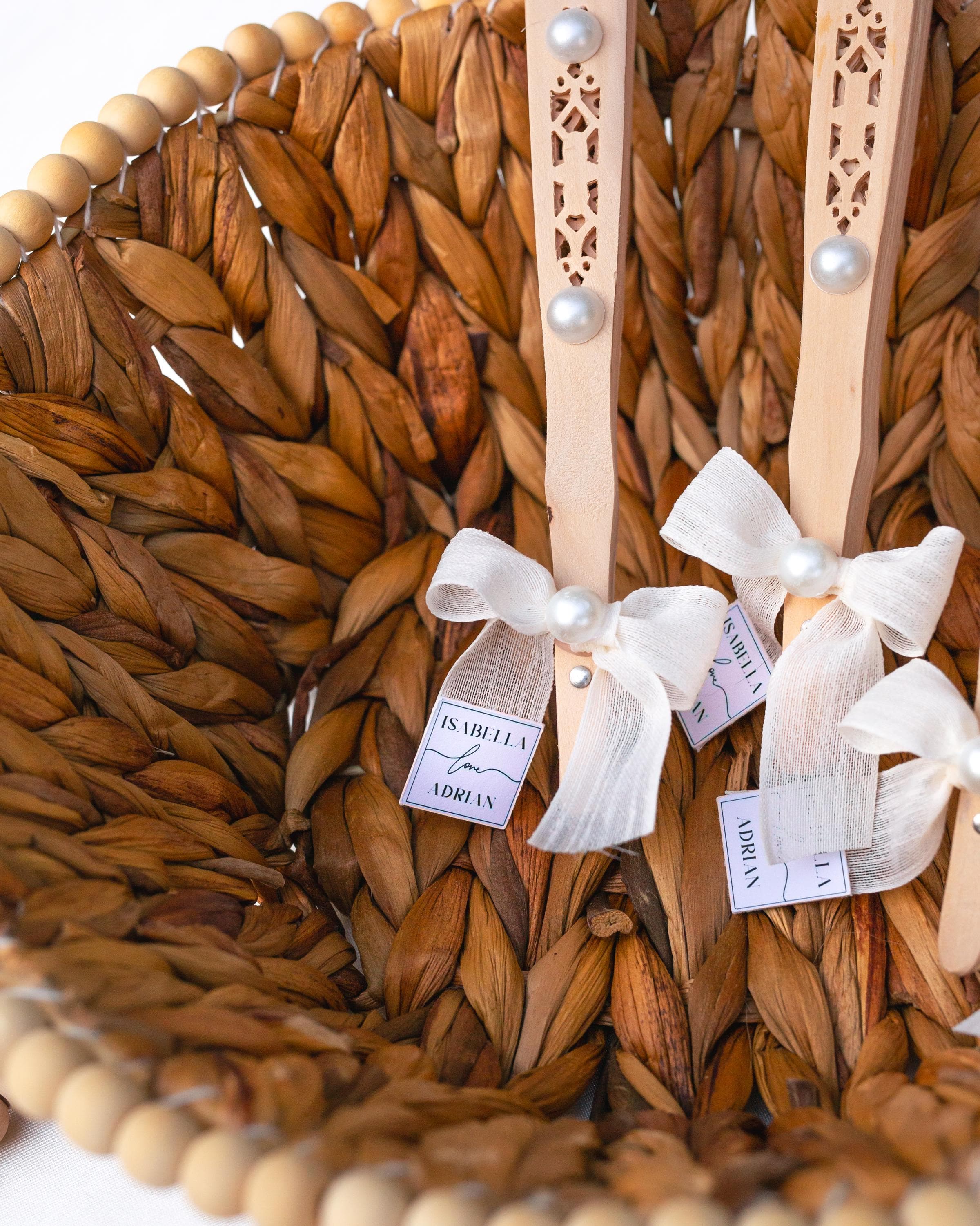 Elegant beach wedding fan favors with pearls