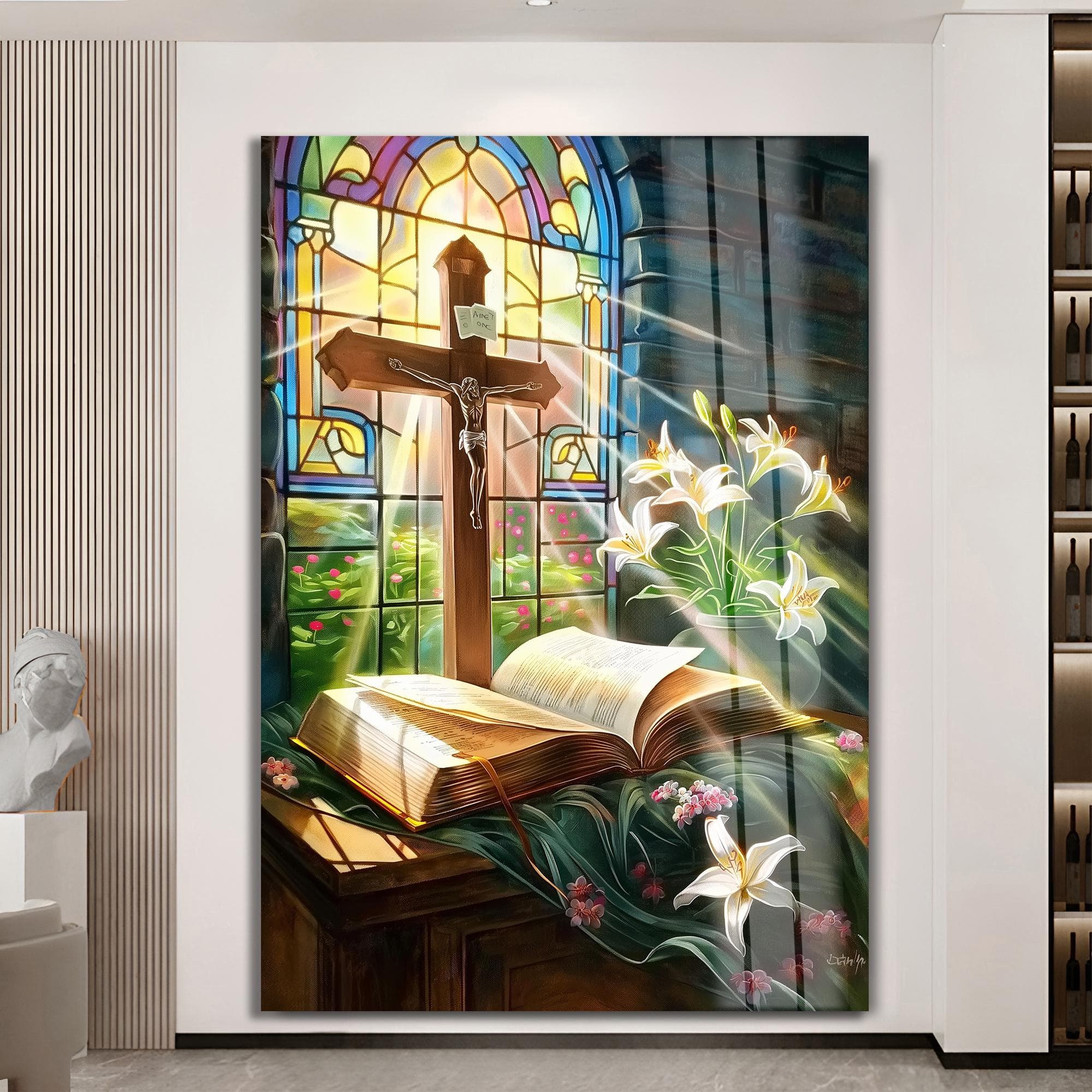 Christian Wall Art, Cross and Bible Glass Print, Religious Wall Decor, Large Spiritual Artwork, Jesus Cross Decor, Church Home Art - image 3