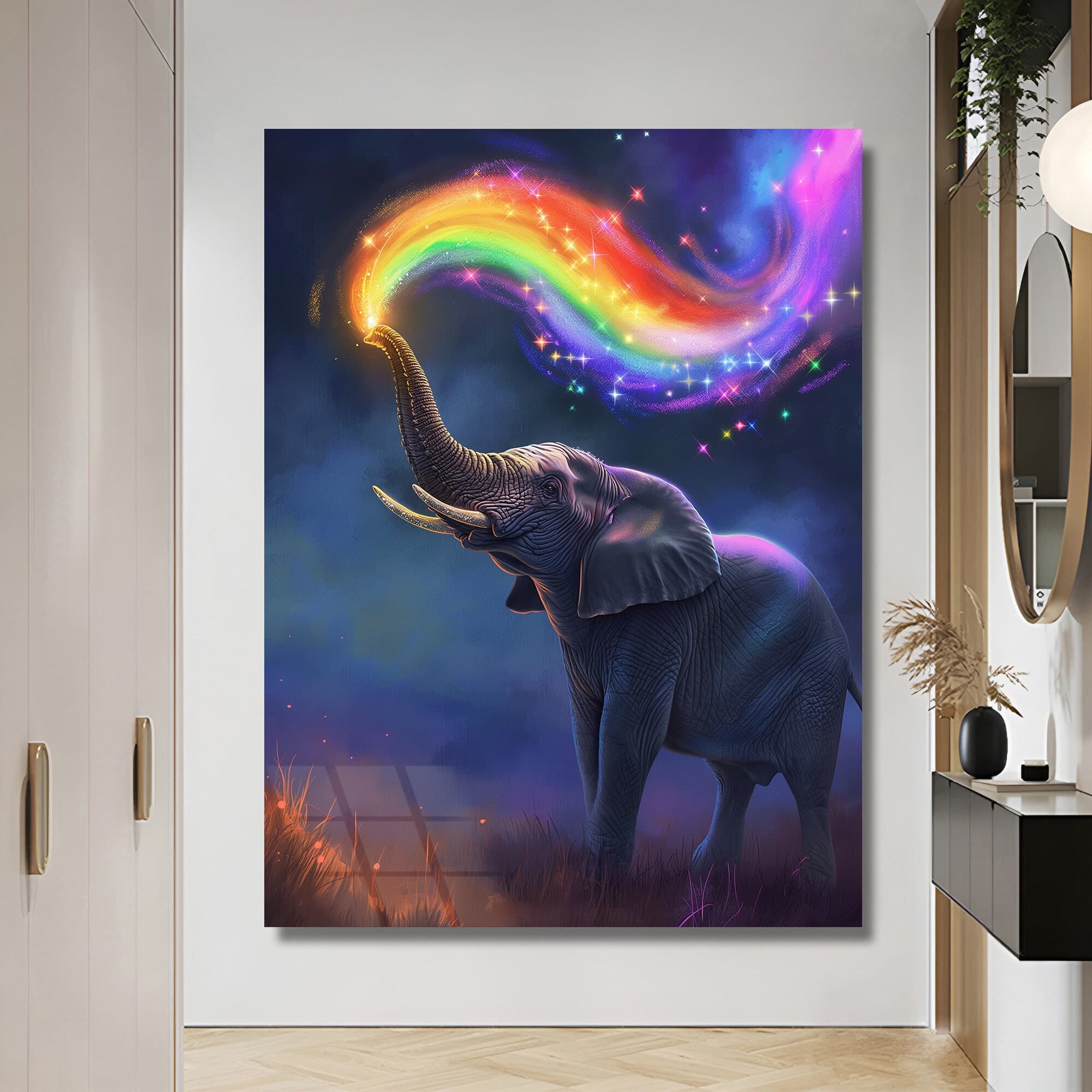 Elephant Gift Rainbow Decor Glass Print Luxury wall art Black Framed Large wall decor Wall Hangings Modern Wall Art housewarming gift glass