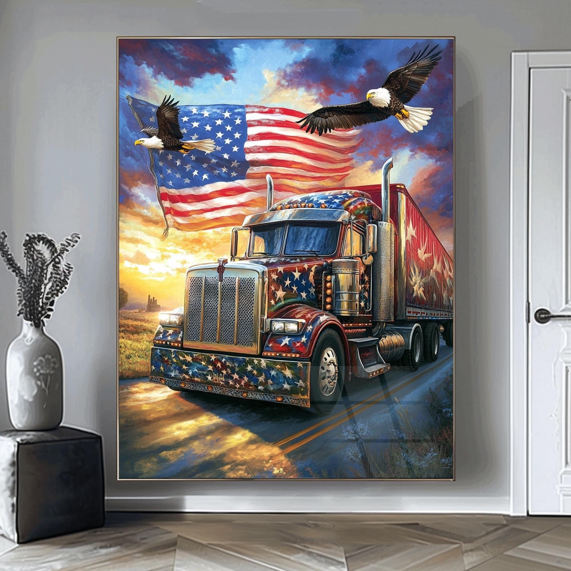 Semi Truck Art American Culture Art Gift for Dad Office Wall Decor Framed Art Tempered Glass Art Unique Birthday Gift Yard Decoration