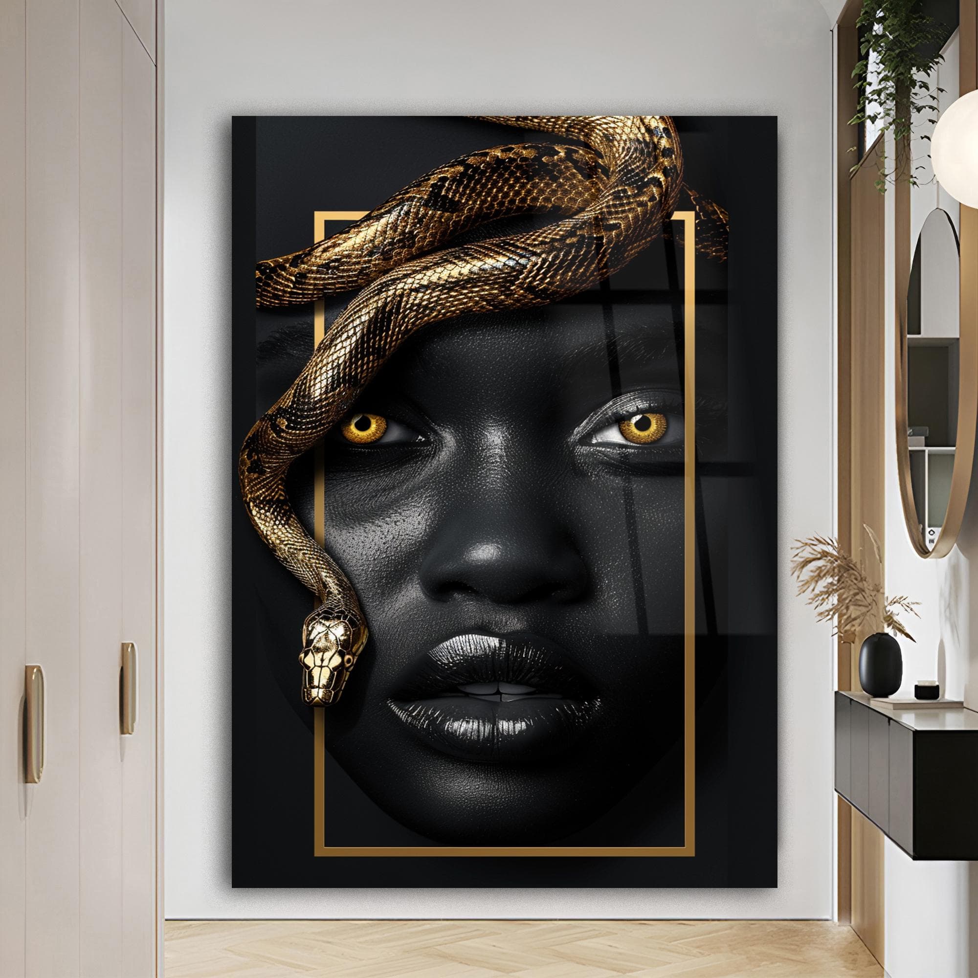 Luxury Black and Gold Glass Wall Art African Woman with Snake Modern Glass Decor Large Framed Artwork Elegant Statement Piece Unique Gift