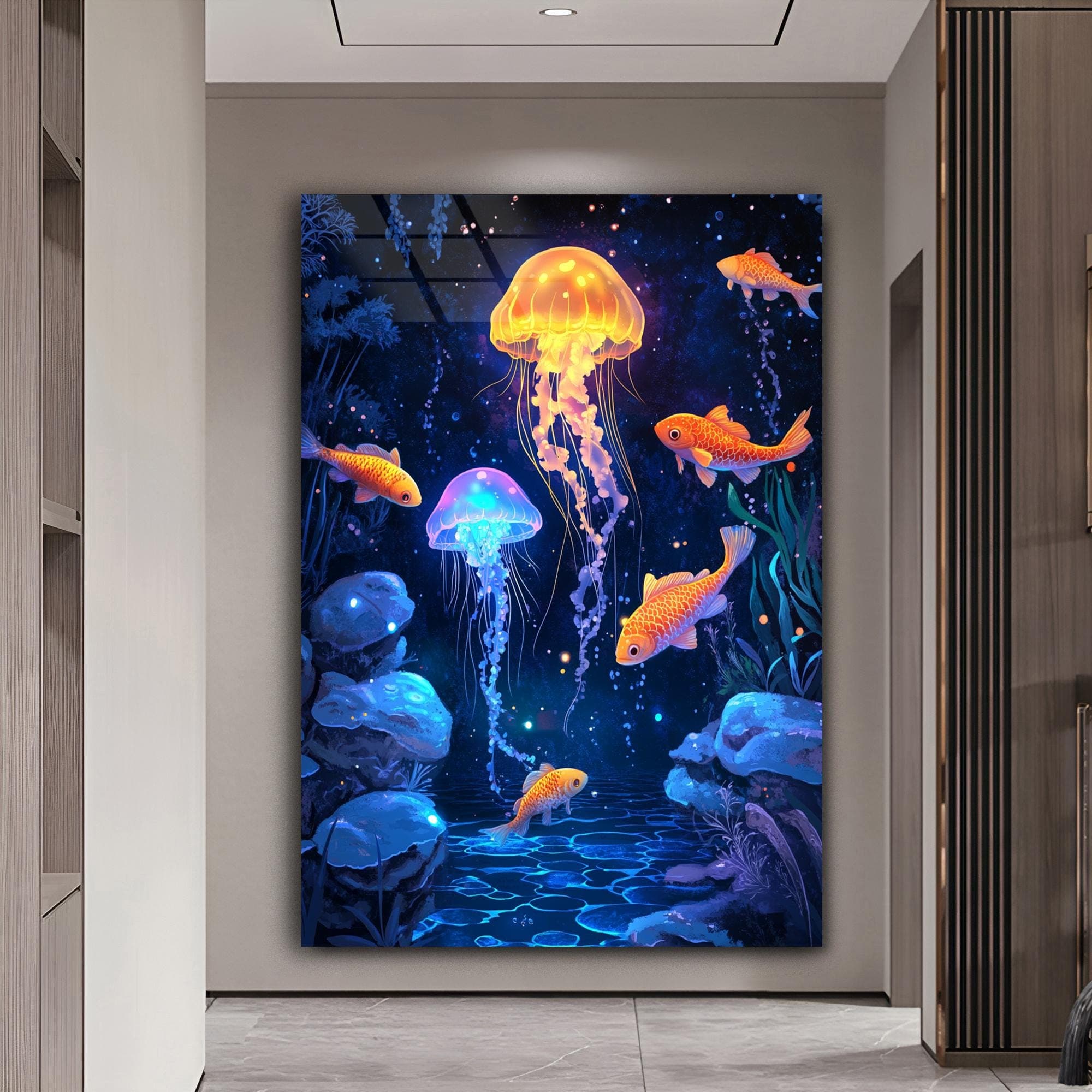 Jellyfish Wall Art Ocean Art Underwater Scene Wall Decor Aquarium Theme Modern Home Art Framed Canvas Gift Tempered Glass Wall Art - image 4