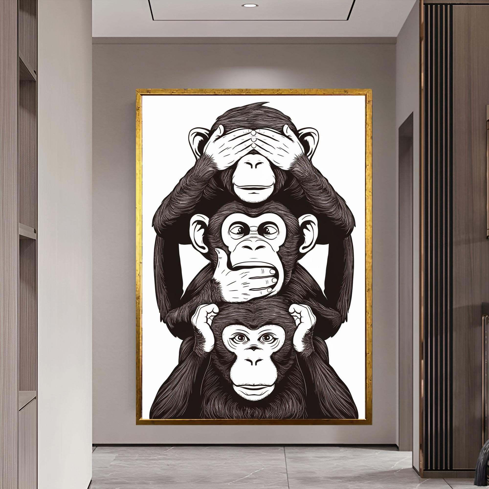 Three Monkeys Art, Funny Animal Decor, Nursery Wall Art Gift For Kids Large Animal Canvas Framed Wall Art Housewarming Gift Home Decor