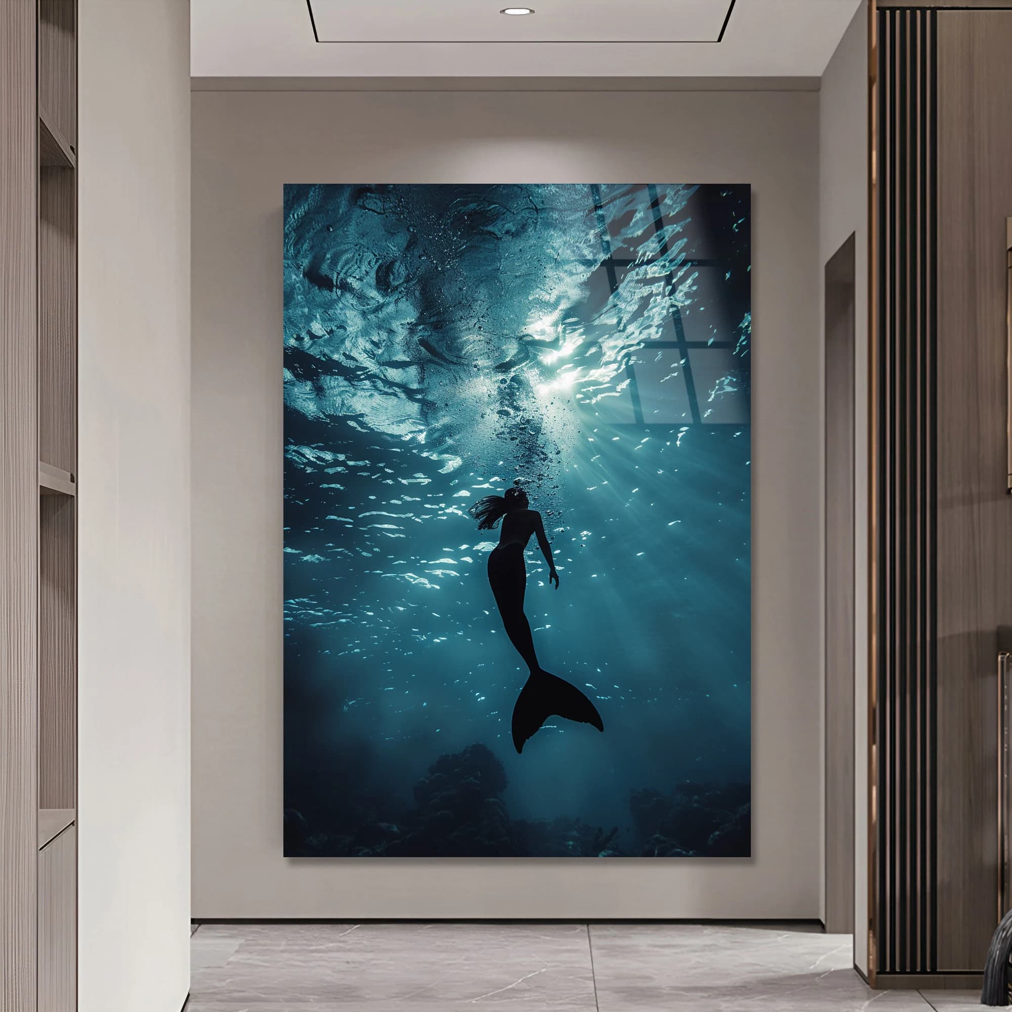 Mermaid Silhouette Deep Blue Sea Wall Art Modern and Mystical Decor Modern marine themed painting Submarine artwork Nautical Soothing art