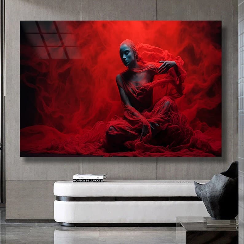 Abstract Glass Art, Red Woman Wall Art, Red Glass Art, Tempered Glass Art, Large Wall Art, Fashion Wall art, Livingroom Wall Decor Art Decor