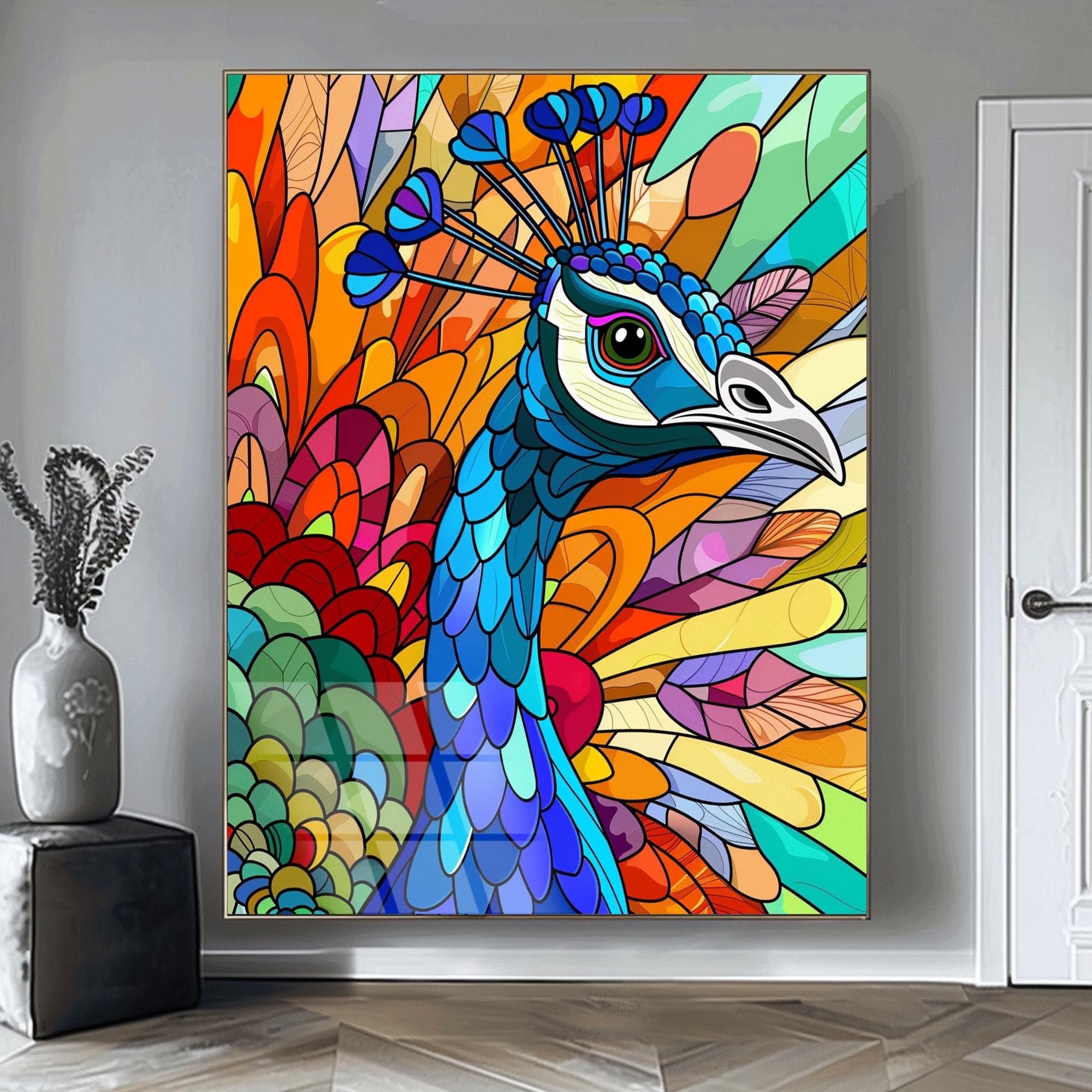 Peacock Wall Art Tempered Wall Art Framed Artwork Interior Design Vivid Color Stained Art Extra Large Wall Art Hindu Gift indian Wall Art